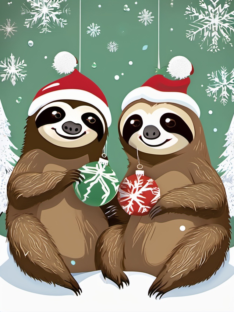 XmasBushy,Two festive sloths in holiday attire,holding a Christmas tree ornament and surrounded by snowy ground with falling white flakes.,<lora:Pony.CNDragonMB:0.8>,