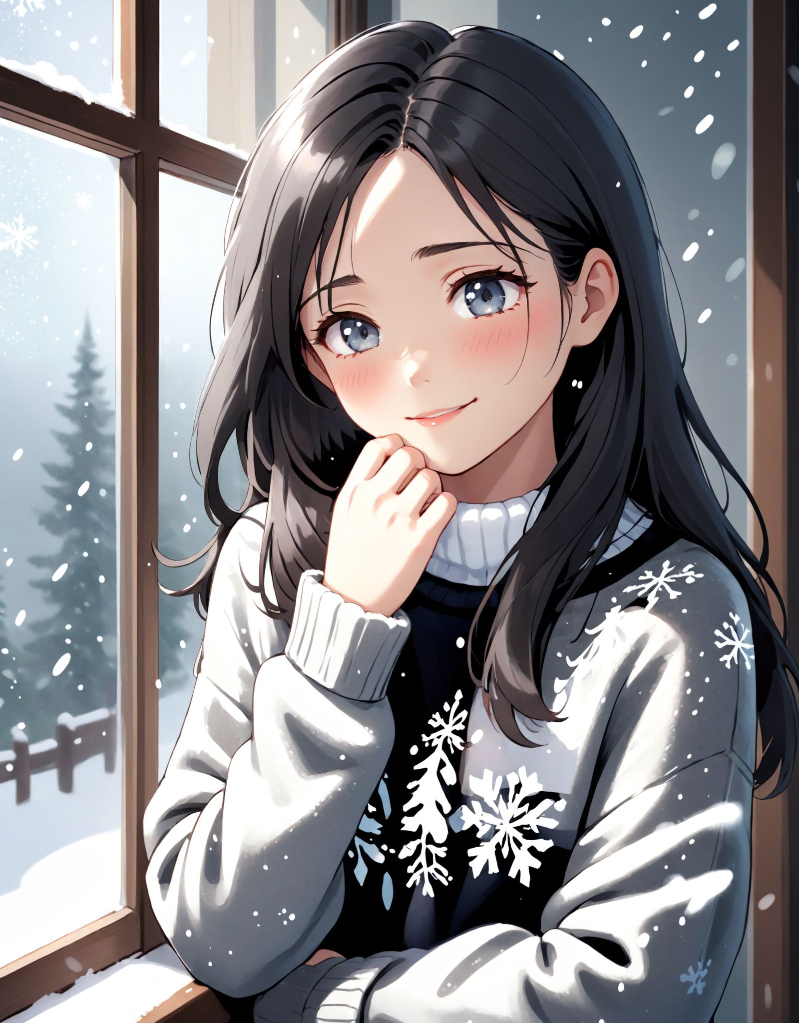 Photo of a girl wearing a gray sweater,  with her hands tucked inside the sleeves,  looking wistfully at the falling snowf...