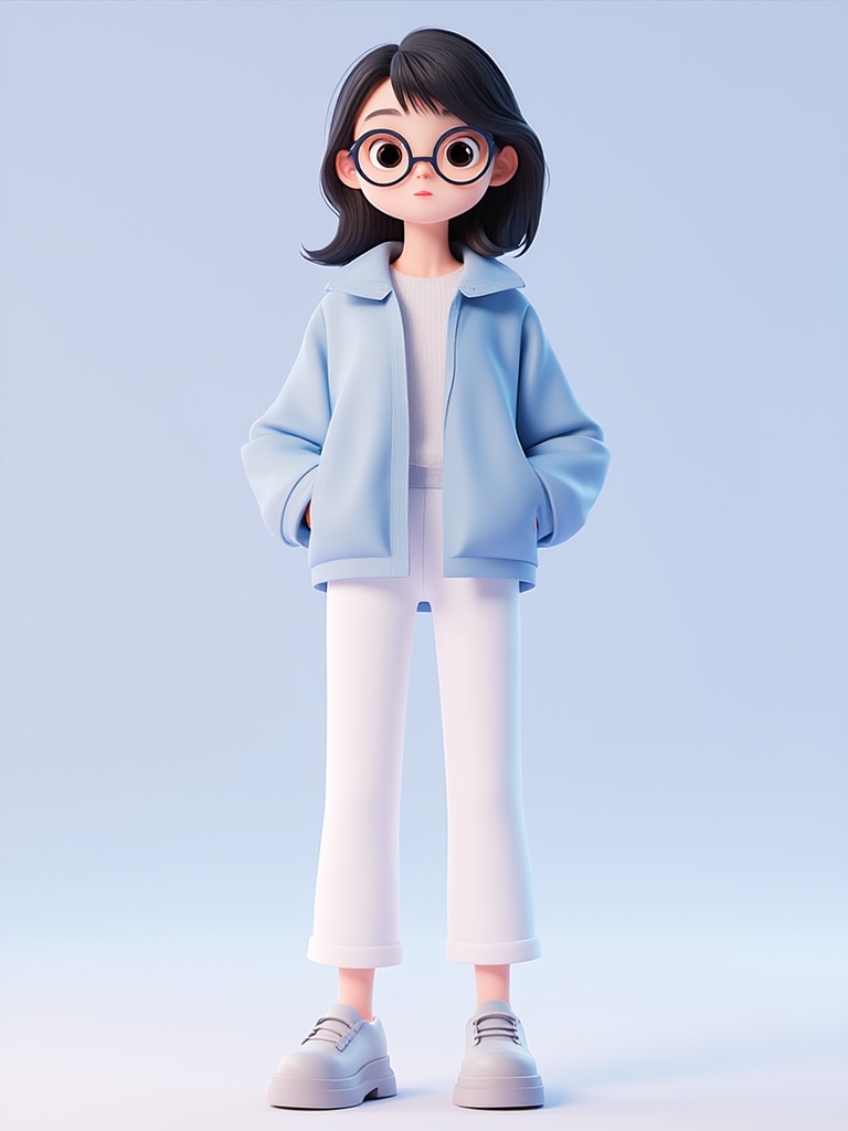 miluo_3d,3D, 3D rendering, C4D, cartoon-style character, character design in the style of Pixar, fashion girl wearing a light blue jacket and white pants with glasses on her face, standing pose, cute minimalist style, solid color background, soft gradient, high-quality detail, high definition, high resolution  <lora:miluo丨3D 1.3:0.8>