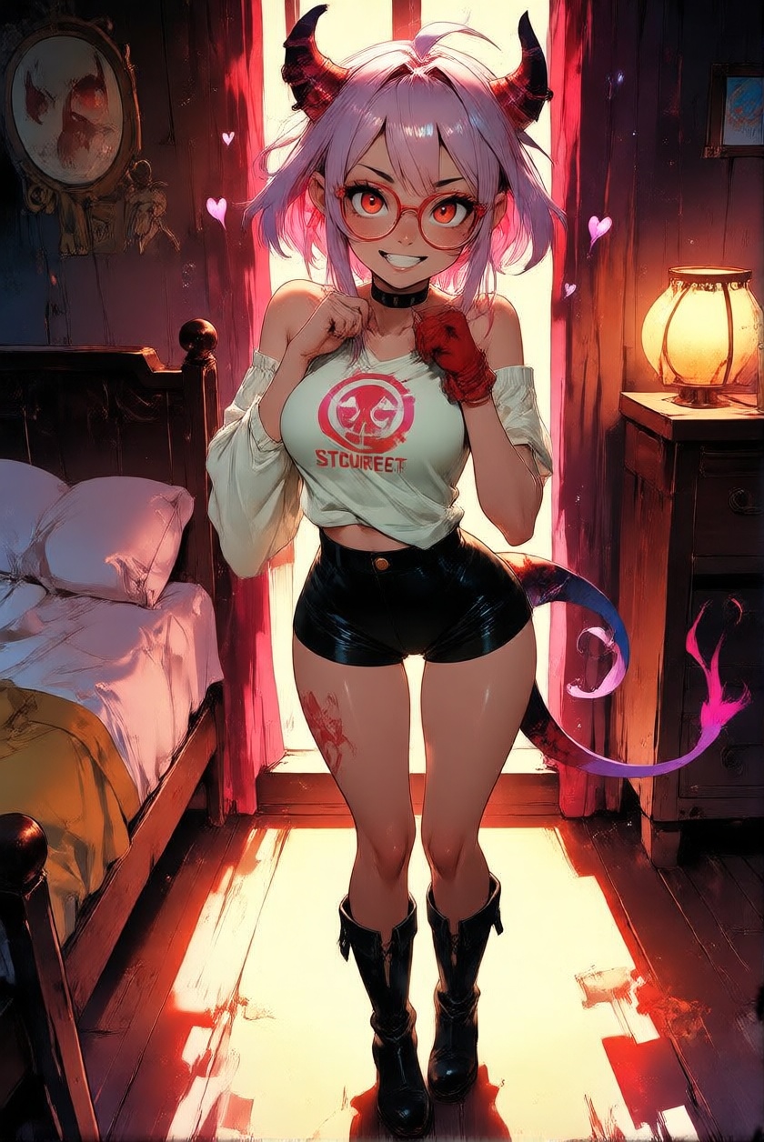PosingDynamicsDaal,  Centered female anime character,  pink hair with black horns on Tensor.Art
