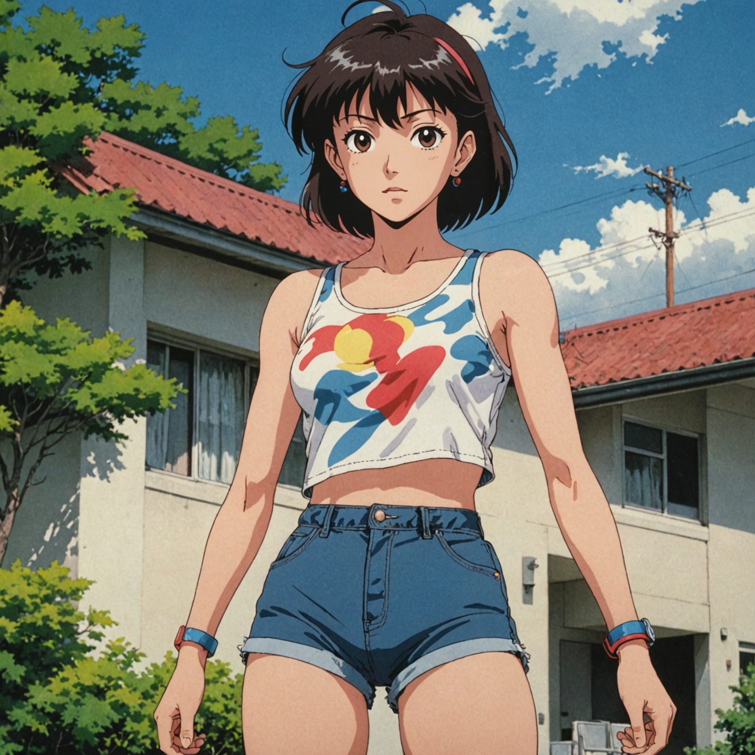 80's anime screencap, girl wearing a cropped top and short shorts, artistic rendition with wide brush strokes, anime comic