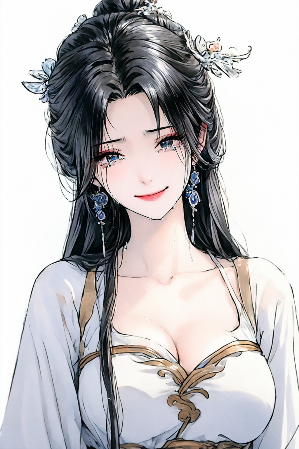 <lora:01古风美女第一版:0.8>,1girl,earrings,jewelry,solo,black hair,crying,breasts,upper body,hair ornament,dress,long hair,chinese clothes,looking at viewer,tears,smile,crying with eyes open,collarbone,large breasts,cleavage,white background,simple background,hair bun,
