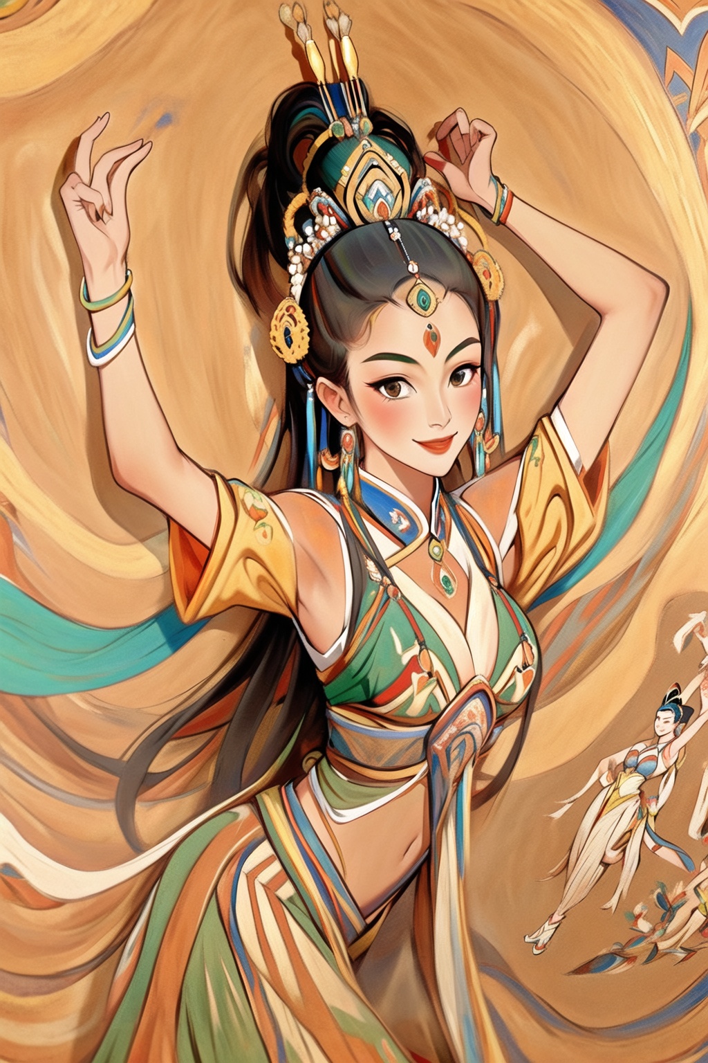 ycbh, 1girl, solo, hair ornament, black hair, jewelry, long hair, chinese clothes, smile, Rock color panel painting, texture frosted, Flying Dunhuang, Flying Dunhuang Dancers,<lora:ycbh4:0.8>,