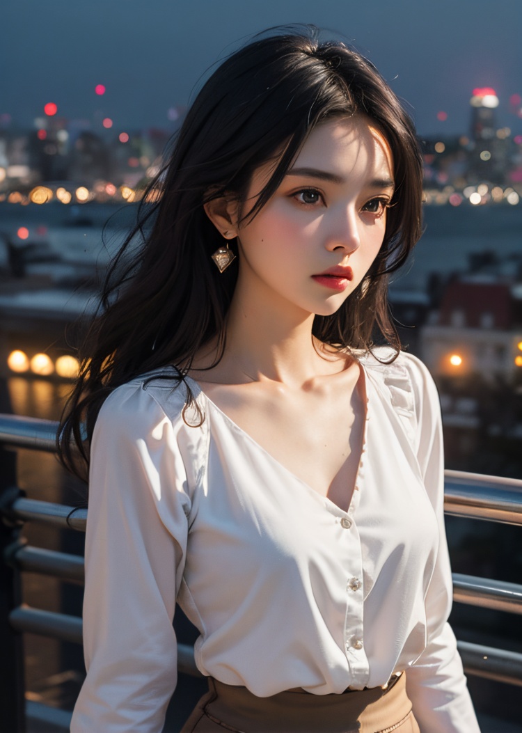 8k,RAW, Fujifilm XT3, masterpiece, best quality, photorealistic of 1girl ,solo, diamond stud earrings, long straight black hair, hazel eyes, serious expression, slender figure, wearing a white blouse, standing against a city skyline at night