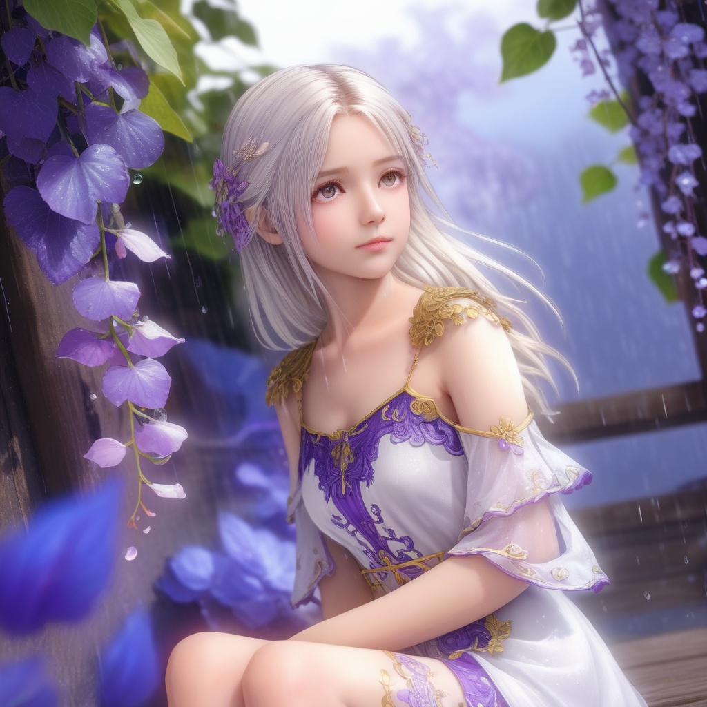 <lora:847-DA-XL-死或生-Elise-BirthdaySuit-20220903:0.8>, (masterpiece),(best quality),illustration,ultra detailed,hdr,Depth of field,(colorful),loli,white background,Dundar effect,a lot of purple vines,vines covering half of the painting,delicate plant details,a girl,girl,petite girl,long white hair,golden pupils,white dress,bare feet,side,side,upper body,head up,sad eyes,rain,light,figure light,petals,purple filter,left,fog,dream,unreal,Blur,float light,