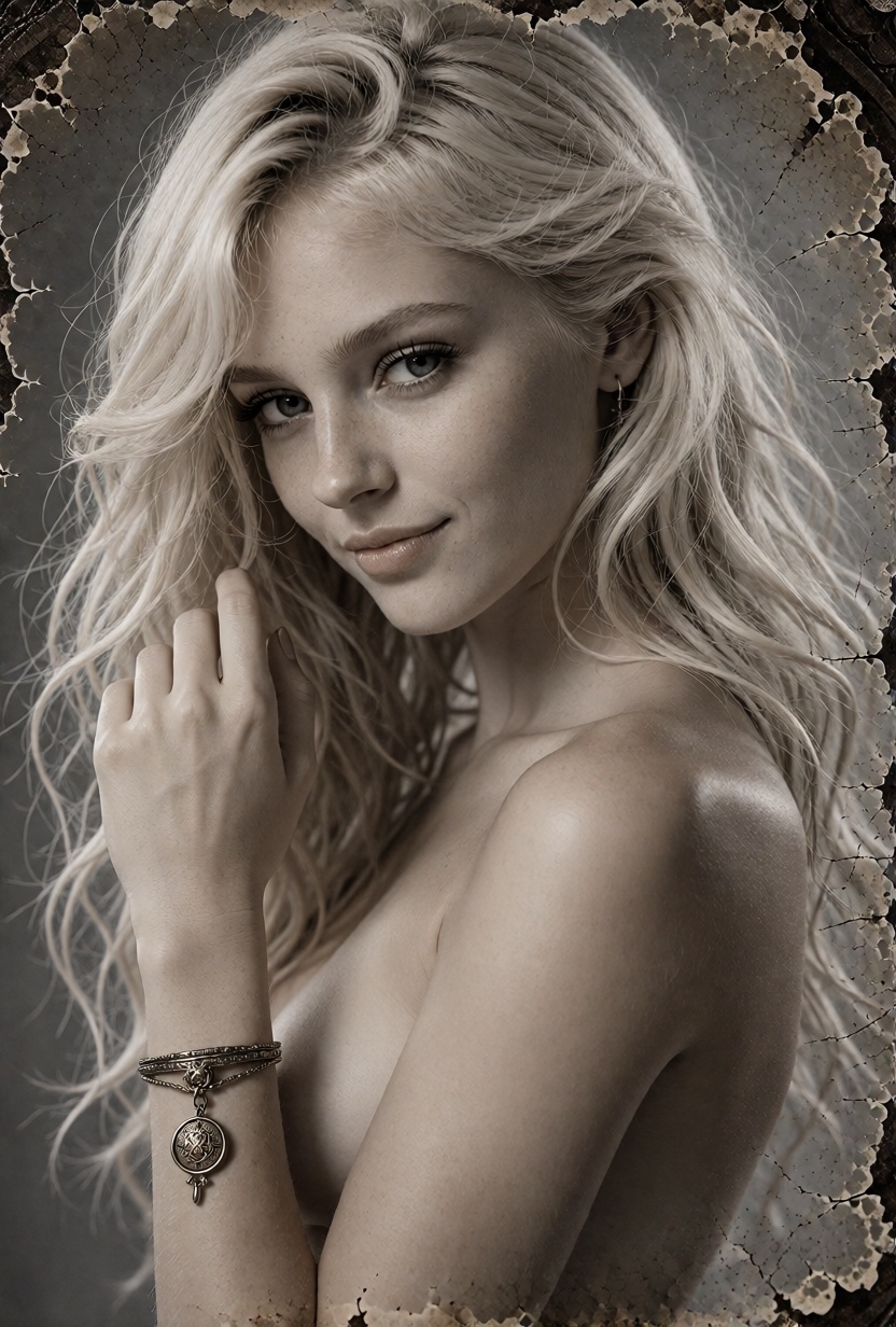 JillX,  long voluminous blonde hair styled in tousled loose waves with a soft side part. A surreal digital photo-manipulat...
