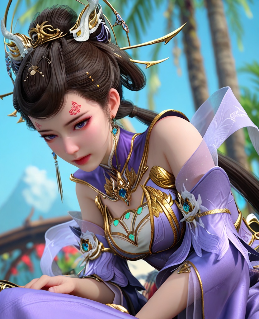 (oriental architecture, elegant decor, sophisticated style:1.1),(Seated cross-legged, hands resting atop her knees with palms facing upwards, she embodies serenity and spiritual awakening:1.1),(breasts:1.2),<lora:XL师兄啊狐狸精小兰:0.95>,miss xiaolan,purple tight dress,forehead butterfly mark,mole under right eye,black hair,twintails,hair bun,blue eyes,bare shoulders,earrings,jewelry,hair ornament,blue gemstone,detached sleeves,shawl,, score_9,score_8_up,score_7_up,score_6_up,score_5_up,score_4_up,3d rendering,tag1,tag2, Cinematic Lighting,backlighting,