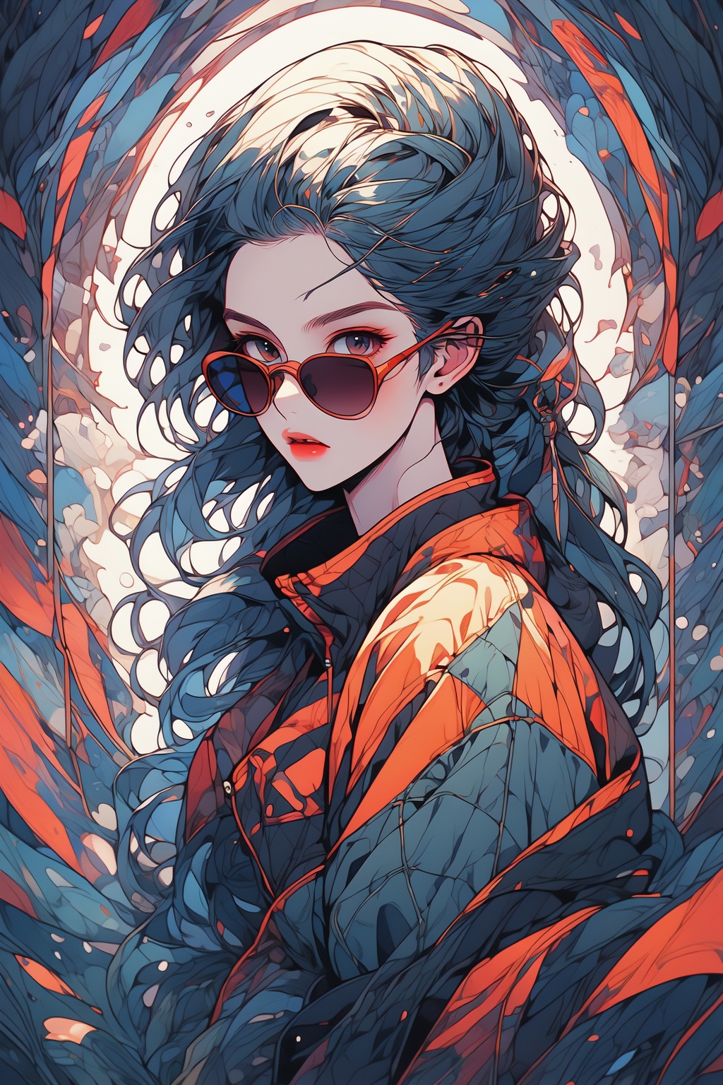 <lora:agchbl_64-000014:0.7>,agchbl,(best quality),((masterpiece)),(highres),illustration,original,extremely detailed,a woman with long hair wearing a black jacket and sunglasses,half body,