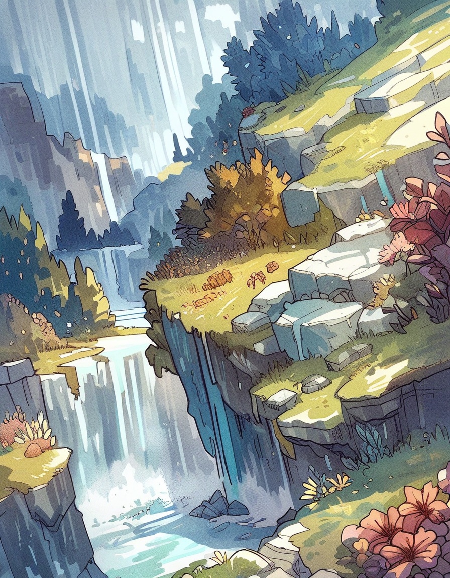 ncpy43 style magical fantasy landscape with a waterfall and flowers ,  score_9,  score_8_up on Tensor.Art