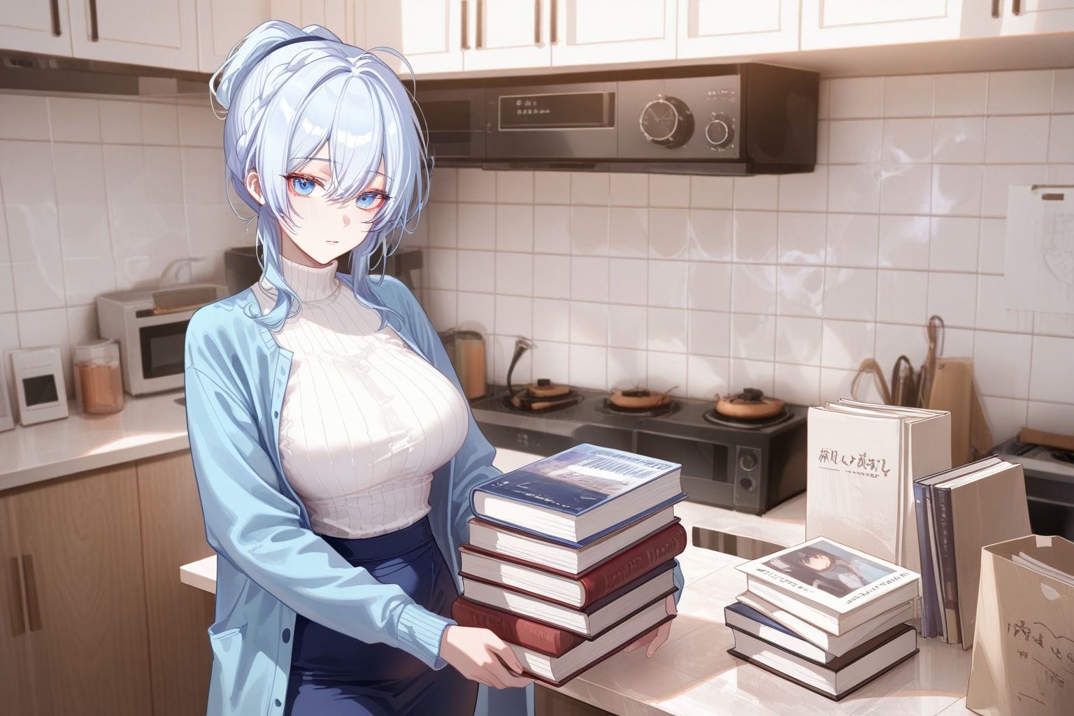 best quality,amazing quality,very aesthetic,absurdres,best quality,amazing quality,very aesthetic,absurdres,{{{{shiny skin}}}},{{{{oiled}}}},detail eyes,wallpaper,artist:aibek,artist:gwan-e,artist:kein_v,artist:liaowen,artist:sea_nami,artist:tansuan_(ensj3875),artist:ask_(askzy),artist:ciloranko,year 2023 BREAKcurvy,(narrow waist:1.1),<lora:Mifuyu Yukino:0.8>, -Mifuyu Yukino, 1girl, solo, sweater, holding, blue hair, skirt, jacket, blue eyes, book, blurry background, looking at viewer, blurry, blue jacket, white sweater, book stack, breasts, indoors, bangs, open clothes, holding book, turtleneck, medium hair, long sleeves, turtleneck sweater