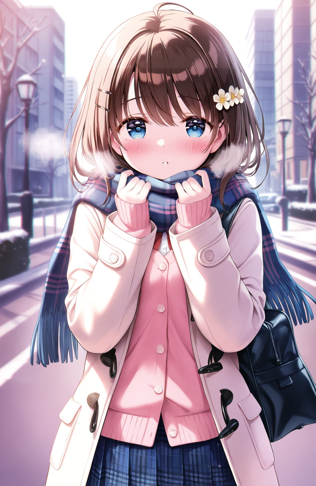 masterpiece,absurdres,best quality,loli,petite,high quality,chromatic_aberration,//,1girl,solo,outdoors,scarf,school bag,blush,bag,plaid,hair ornament,coat,brown hair,looking at viewer,sleeves past wrists,parted lips,long sleeves,skirt,fringe trim,hands up,breath,open clothes,day,plaid skirt,blue scarf,building,open coat,pink sweater,hairclip,sweater,pleated skirt,blue eyes,upper body,blue skirt,ahoge,plaid scarf,road,duffel coat,pink cardigan,street,school uniform,hair flower,white coat,flower,shoulder bag,cardigan,