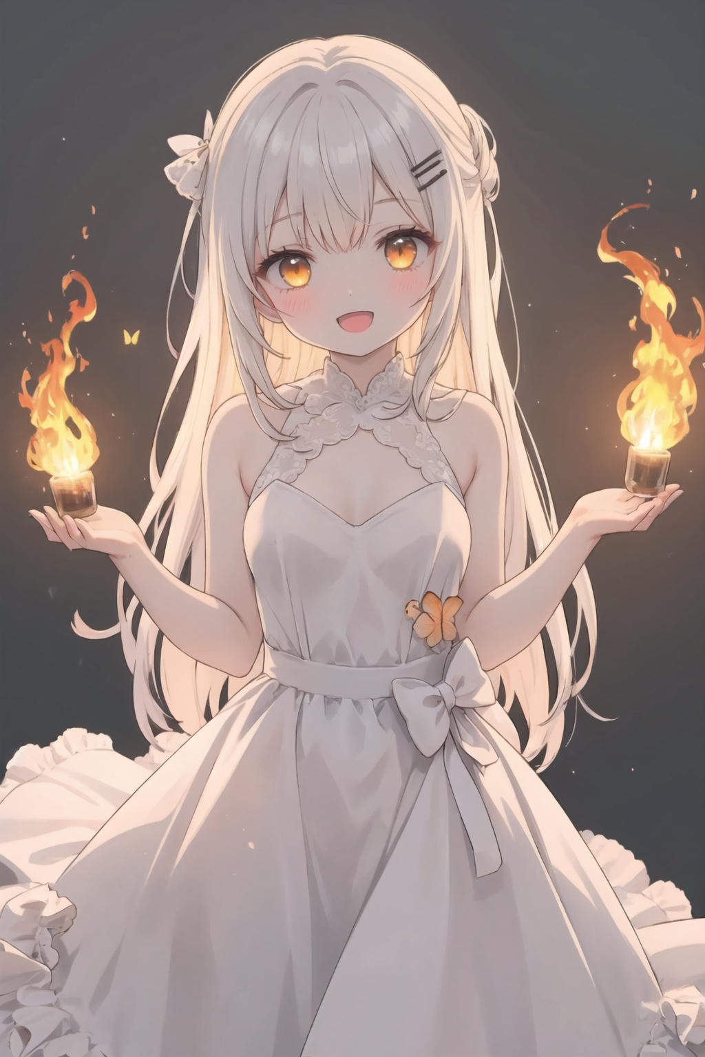 1girl,:d,blush,hair ornament,hairclip,looking at viewer,luminous,solo,fire,long hair,butterfly,glowing,orange eyes,evening_gown,<lora:luminous_V5-000005:1>,cowboy_shot,, masterpiece, best quality, highres,