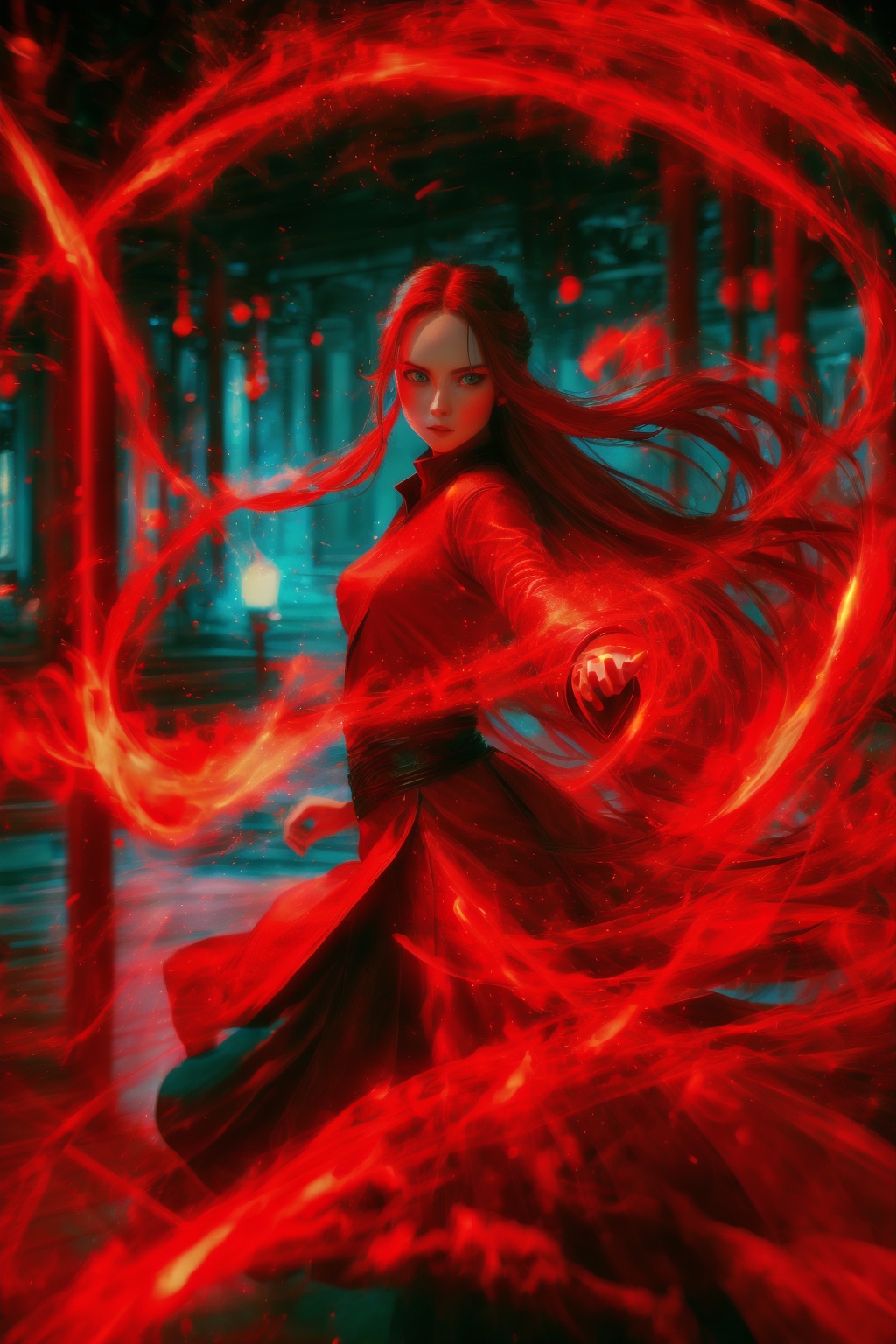dancing,fighting stance,red-aura,using red-magic,red-magic,1girl,solo,long hair,blue eyes,common face,full body,<lora:magic_fighting_red_512_dreamshaper_8:0.8>,