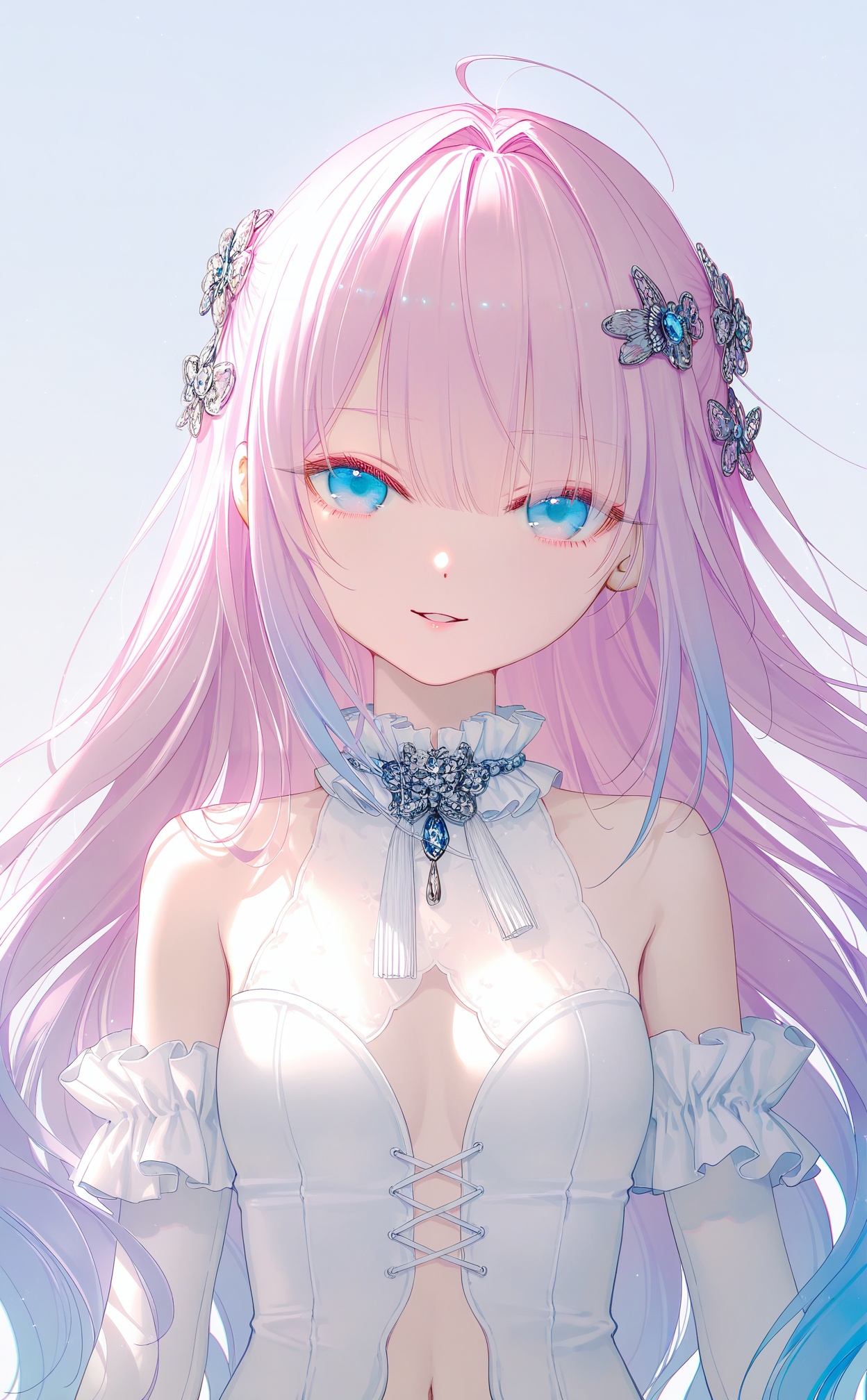 masterpiece,very aware,highres,absurdres,newest,best quality,loli,petite,high quality,chromatic_aberration,White Theme,//,1girl, breasts, solo, large breasts, pink hair, multicolored hair, navel, looking at viewer, smile, bare shoulders, ahoge, gradient hair, blue eyes, blue hair, purple hair, hair ornament, open mouth, parted lips, hair intakes//,photorealistic,Artist:na-ga,(quasarcake:0.2),(wanke:0.9),[Artist:chen bin],Artist:tidsean,[Artist:sk (askzy)],(artist:tokkyu:0.5),(artist:momoko (momopoco):0.5),Artist:himitsu_(hi_mi_tsu_2),//,<lora:paruno——【noob】hans:0.8>,