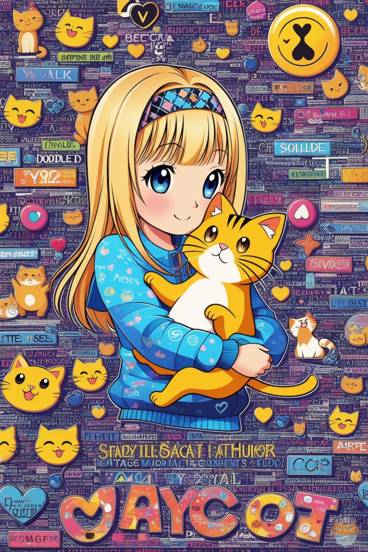 A little girl hugs a cute cat, art from mrs becca doodlefly, Y2K style, mixed pattern, text and emoji installation, closeup, funny musical instrument symbols 
