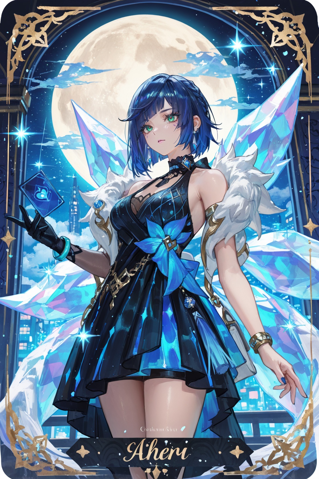 8k,masterpiece,best quality,amazing quality,very aesthetic,absurdres,(ultra-detailed),(high detailed skin),((artist:betabeet)),artist:john_kafka,artist:nixeu,artist:quasarcake,((artist:reoen),(artist:fuzichoco),(artist:atdan),(artist:torino_aqua),year 2024:0.8),(by xilmo, by modare, by reoen:1.1),(hyperrealistic:1.1),(high_contrast:1.1),(holy_(\theme\):1.2),(card_\(theme\):1.1),solo,(white-color-scheme:1.1),character card,abstract sun,moon and stars,thick line,solo,league_of_legends,ahri_\(league_of_legends\),k/da ahri,<lora:yela_new-ill-Tanger:0.8>,yelan \(genshin impact\),clothes: yelanew blue-and-black dress,yelanew alternate costume,1girl,yelanew single glove,jewelry,bracelet,blue hair,bangs,green eyes,sleeveless,fur trim,<lora:neg101-000008:0.5>,murals,holy light,mural sun,simple white background,angels come,clouds,card border,frame pattern,facial lighting,