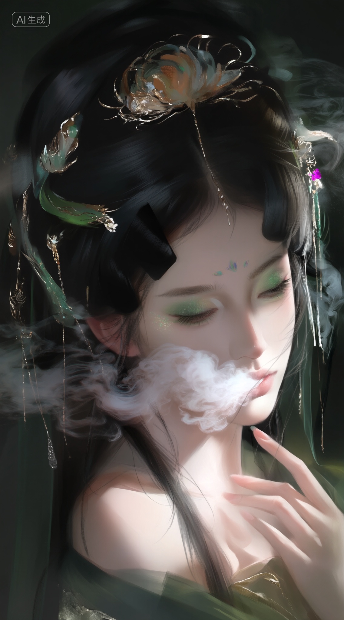 a digital illustration shoot from a close-up camera angle about a serene portrait of a young woman with long black hair adorned with elaborate hair ornaments,surrounded by ethereal elements,the image also shows a soft,ethereal atmosphere with smoke surrounding the subject,on the middle of the image,a 20-year-old woman appears to be in her early twenties,with light skin,closed mouth,and a gentle expression,she is wearing a green dress with a low neckline and bare shoulders,and her hair is styled in long hair with a few strands falling down her back,her eyes are closed,and she has green eyeshadow on her face,her lips are slightly parted,and there is a hint of smoke in her mouth,she has a slim body and is holding her chin with one hand,with her other hand resting on her neck,the background is a dark,gradient background with a subtle hint of greenery,adding to the ethereal ambiance of the scene,, Negative prompt: ng_deepnegative_v1_75t,(badhandv4:1.2),EasyNegative,(worst quality:2),,nsfw, Steps: 30, Sampler: Euler, CFG scale: 4.0, Seed: 3101081049, Size: 1142x2048, Model hash: 9768b098f7, Model: ZOZ_v1.0.safetensors, Denoising strength: 0, RNG: CPU, Lora 1: ZOZ_国风_情绪插画, Lora Hash 1: 1e2d4a17ce, Lora Weight 1: 0.8, vae_name: automatic