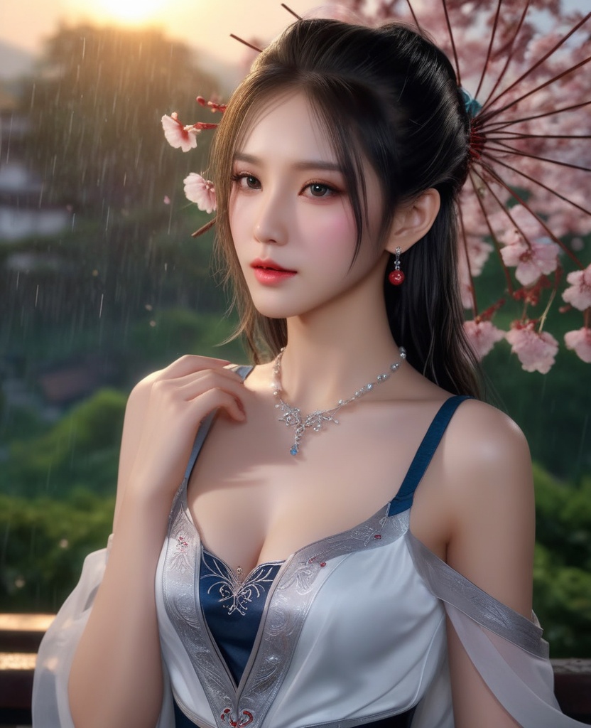 <lora:574-DA-XL-天行九歌-焰灵歌:0.8>(,1girl, ,best quality, ),looking at viewer,  ,,ultra detailed 8k cg, ultra detailed background ,ultra realistic 8k cg,          cinematic lighting, cinematic bloom, (( , )),,  , unreal, science fiction,  luxury, jewelry, diamond, pearl, gem, sapphire, ruby, emerald, intricate detail, delicate pattern, charming, alluring, seductive, erotic, enchanting, hair ornament, necklace, earrings, bracelet, armlet,halo,masterpiece, (( , )),, realistic,science fiction,mole,   ,cherry blossoms,,(((Best quality, masterpiece, ultra high res, (photorealistic:1.4), raw photo, 1girl, ,rain, , sunlight, sunset, qianqiu wanxia,     )))  (cleavage), (),