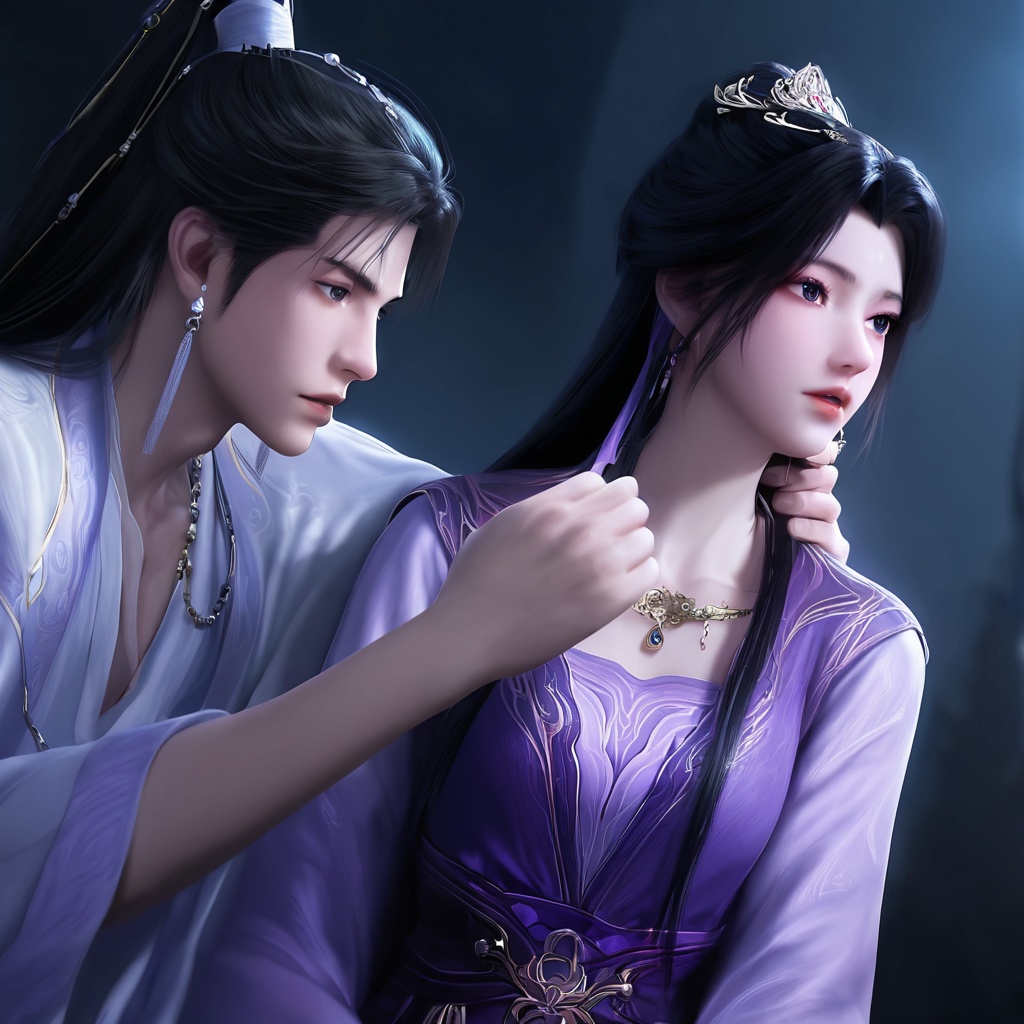 guoman,masterpiece,best quality,cinematic,detail eyes,(realistic:2),(ultra-detailed),perfect composition,intricate details,absurdres,detailed face,high quality,high res,8K,jiziyue,1girl,long hair,black hair,hair ornament,long sleeves,1boy,dress,jewelry,earrings,parted lips,necklace,chinese clothes,purple dress,