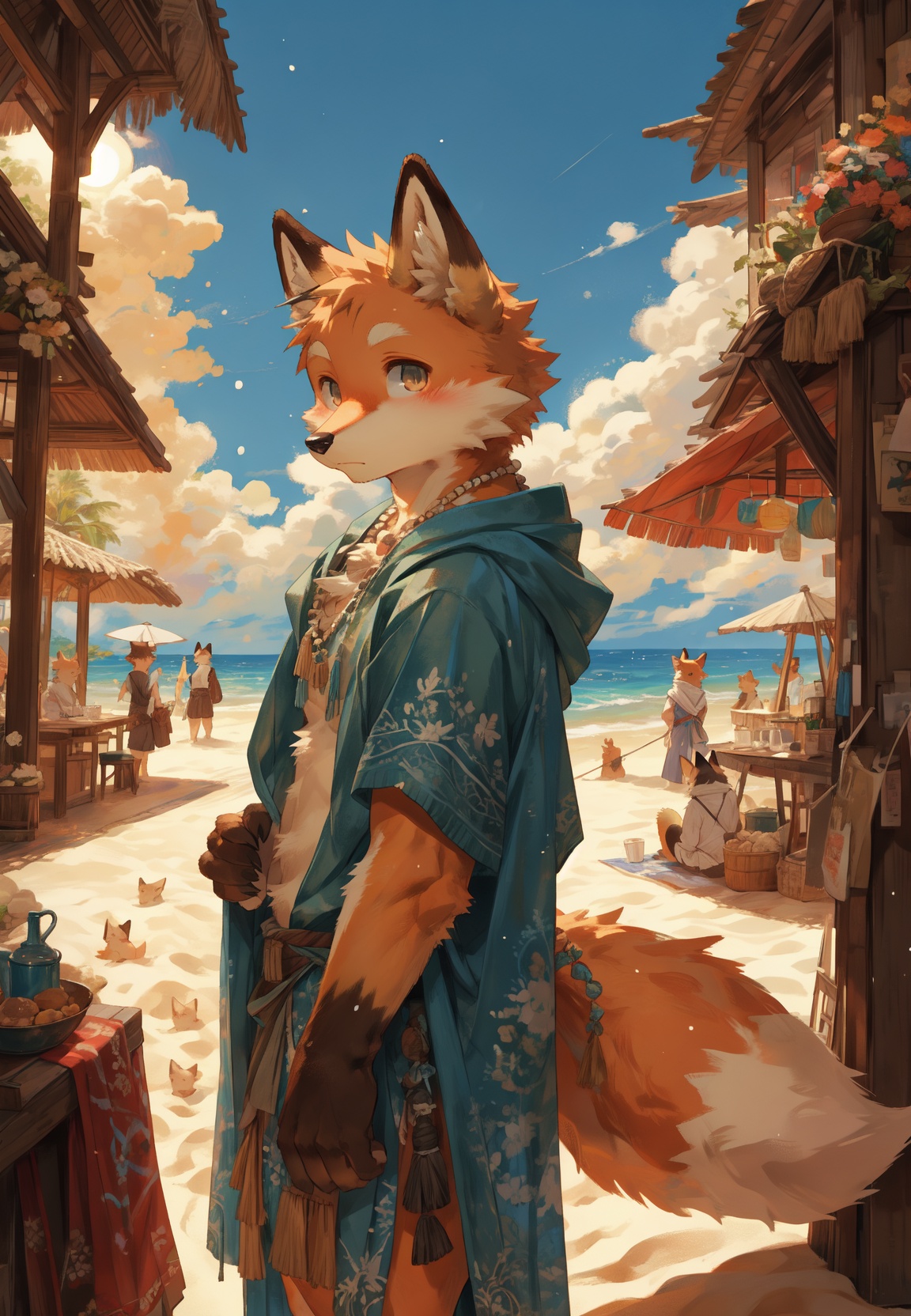masterpiece, high quality, hi res, digital painting \(artwork\), by kuroisumi, yupa,kiyosan. soft lighting, solo, (anthro male fox), (orange body), sunshine, beach, loincloth, sea, cloud, dark, bright, sand, from side, necklace. impasto, panorama,portrait,135mm,looking at viewer,character focus. detailed background,amazing background,outdoors,scenery,light particles, kemono, (cute), ass