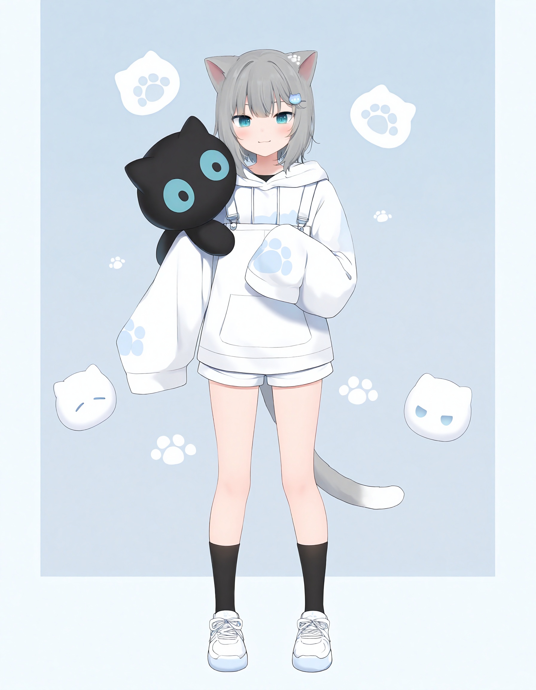 slit_pupils,amashiro_natsuki, CHARACTERS-nachoneko, 1girl, animal_ears, tail, grey_hair, cat_ears, hood, virtual_youtuber, stuffed_toy, hoodie, sleeves_past_fingers, cat_tail, cat_girl, sleeves_past_wrists, stuffed_animal, full_body, solo, blue_eyes, white_hoodie, hood_down, white_footwear, shoes, smile, looking_at_viewer, standing, socks, holding, holding_stuffed_toy, hair_ornament, paw_print, shorts, overalls, short_hair, :3, stuffed_cat, long_sleeves, black_socks,masterpiece, best quality, newest, highres, absurdres, newest,