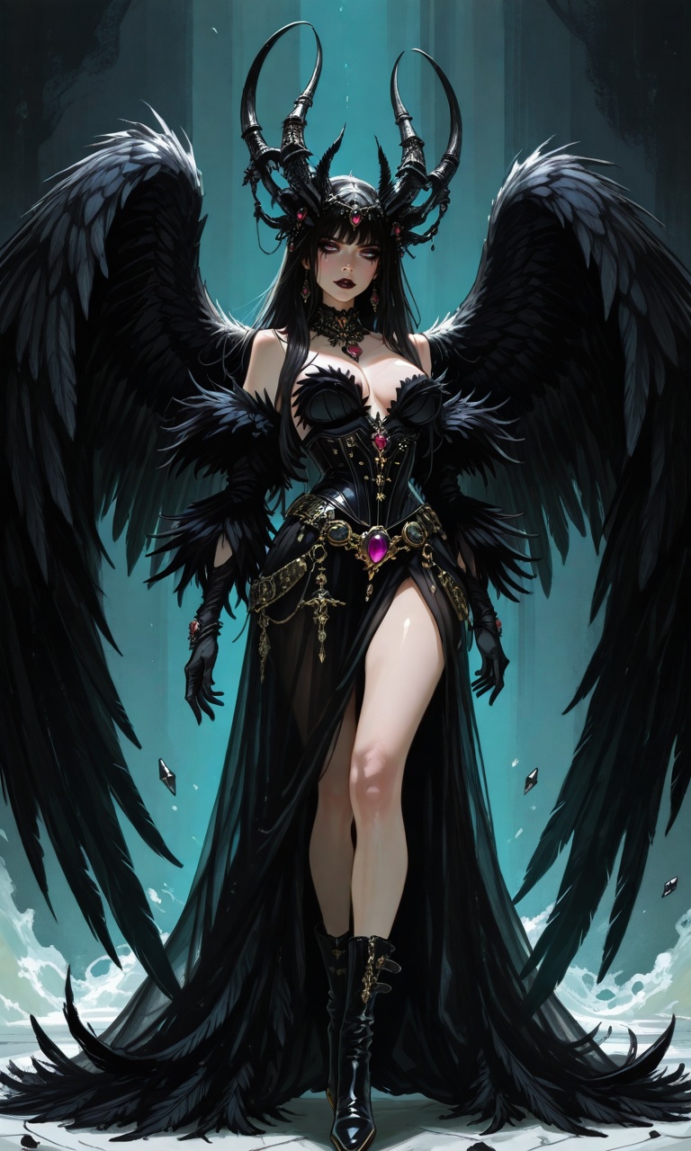 Dark-haired female,  long luxurious raven hair flowing down to the waist,  smoldering gaze on Tensor.Art
