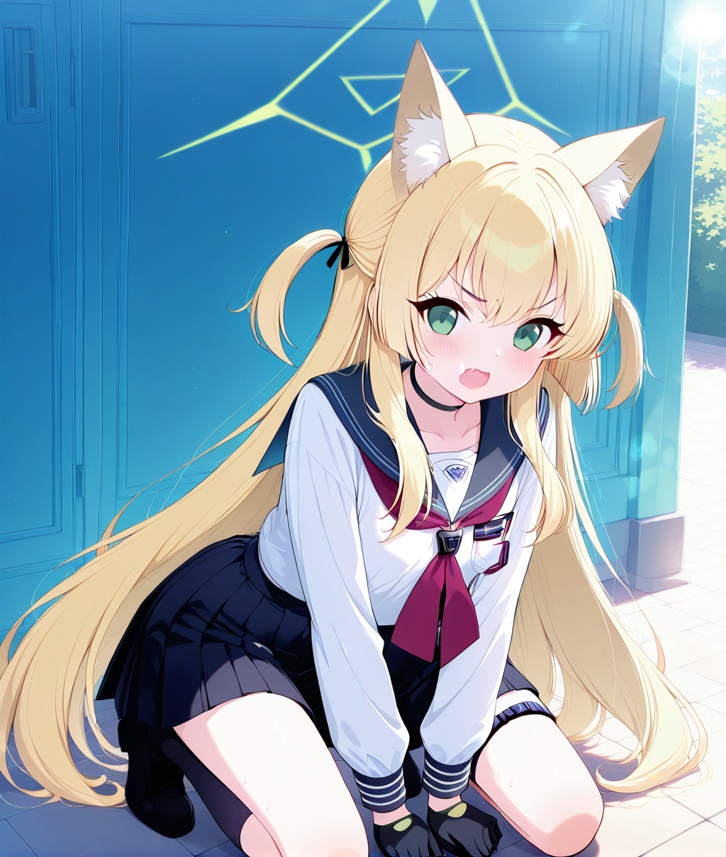 Kurumi(blue archive),O,Kurumi(blue archive),1girl,solo,animal ears,gloves,skirt,blonde hair,long hair,school uniform,green eyes,halo,serafuku,black gloves,looking at viewer,choker,shoes,long sleeves,neckerchief,thigh strap,open mouth,socks,pleated skirt,red neckerchief,sailor collar,animal ear fluff,black socks,blush,kneeling,blue skirt,black choker,full body,bangs,outdoors,shirt,v-shaped eyebrows,kneehighs,white shirt,(aesthetics ),masterpiece,best quality,ultra high definition,32K resolution,clear focus,delicate details,high-end texture,fashion photography,film perspective,rich colors,color palette,advertising style,tension composition,masterpiece,mild atmosphere,latest,dynamic Dutch perspective,transparent composition,magazine cover,cover,