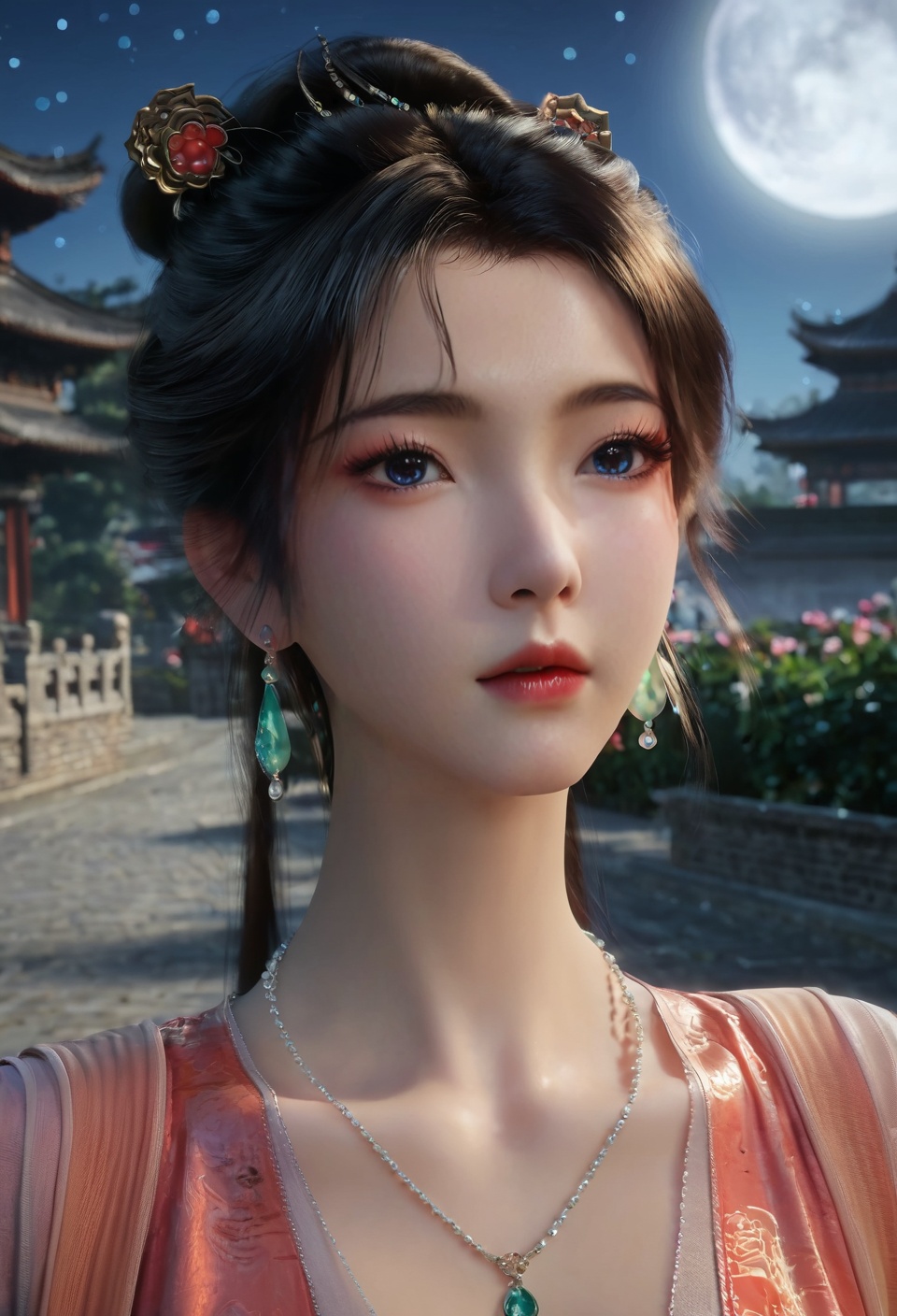 score_9,score_8_up,score_7_up,break.,china,masterpiece,very awa,best quality,amazing quality,very aesthetic,absurdres,newest,intricate details,skindentation,fair_skin,beauty,pale skin,blush,realistic,photo,china,1girl,solo,eyelashes,looking at viewer,jewelry,necklace,earrings,moon,garden,nipple slip,<lora:！NM红衣服慕沛灵:0.8>,