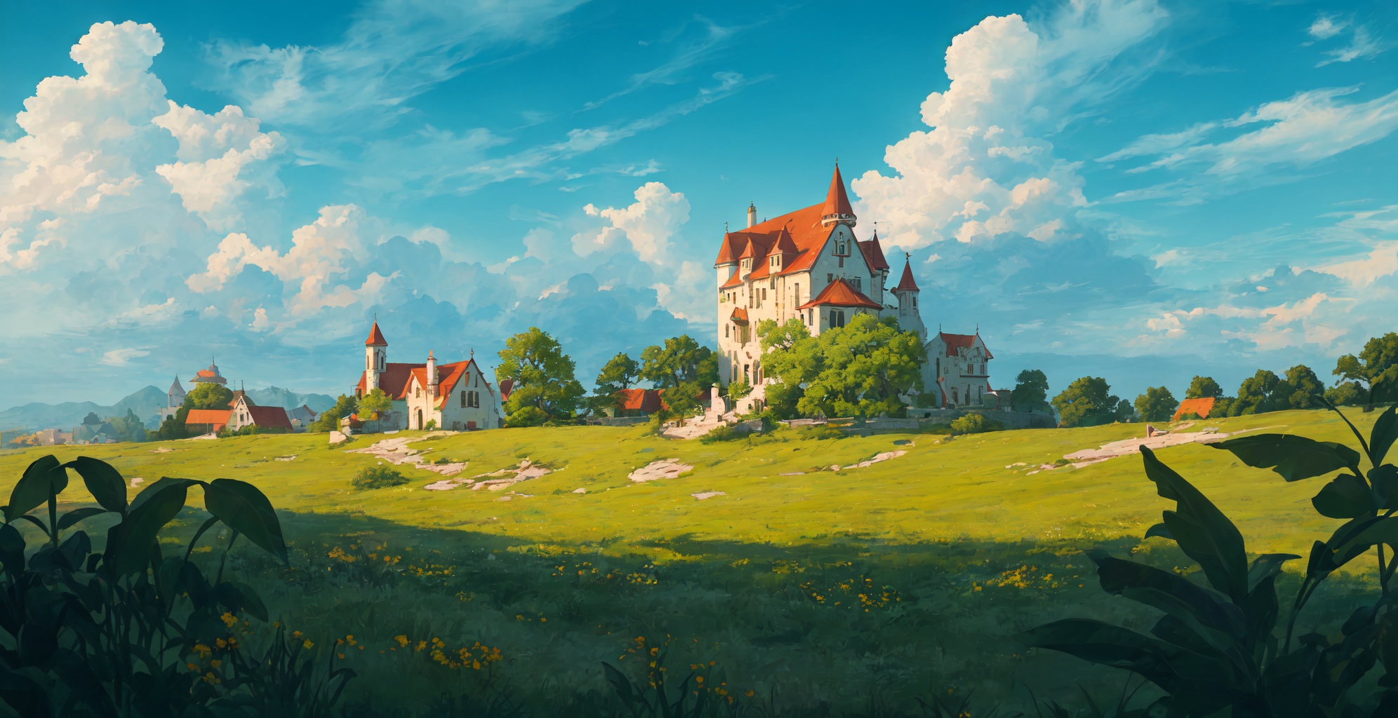 (((masterpiece, best quality))),scenery,Sketch,cinematic composition,depth of field,nature,outdoors,grass,day,sky,tree,cloud,building,Vibrant,fantasy,epic,heroic,