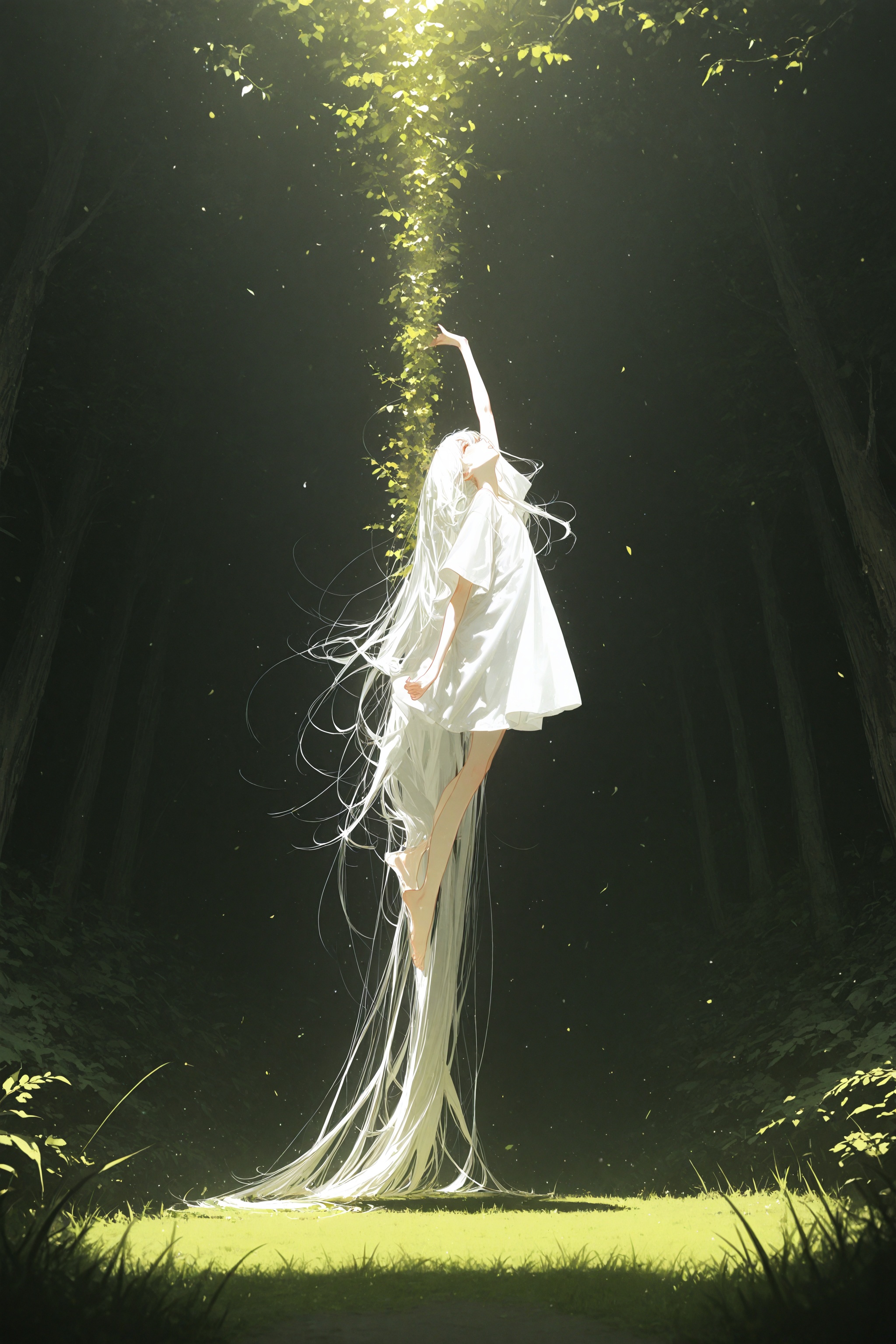 masterpiece,best quality,amazing quality,very aesthetic,absurdres,newest,highres,(dino_(dinoartforame):0.5),(yoneyama mai:0.5),happy to jump up,1girl,solo,white_hair,very long hair,grove,clouble,