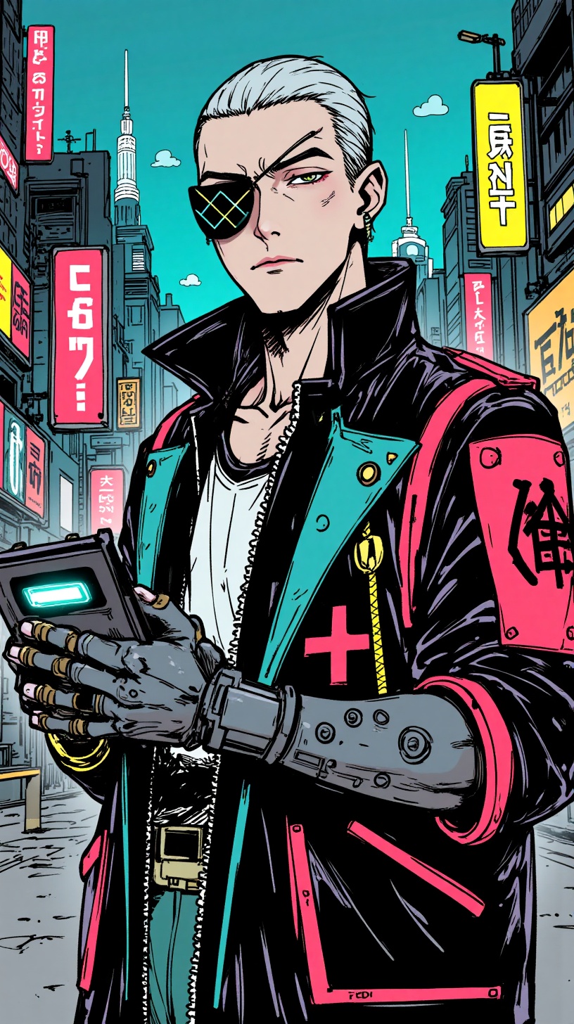 vari,vari, line art, manga-style, sfw, 1boy, silver buzzcut, cyberpunk jacket with neon accents, fingerless gloves, holographic eyepatch, holding a data pad, mechanical arm, neon-lit cityscape background, glowing tattoos, serious gaze, original