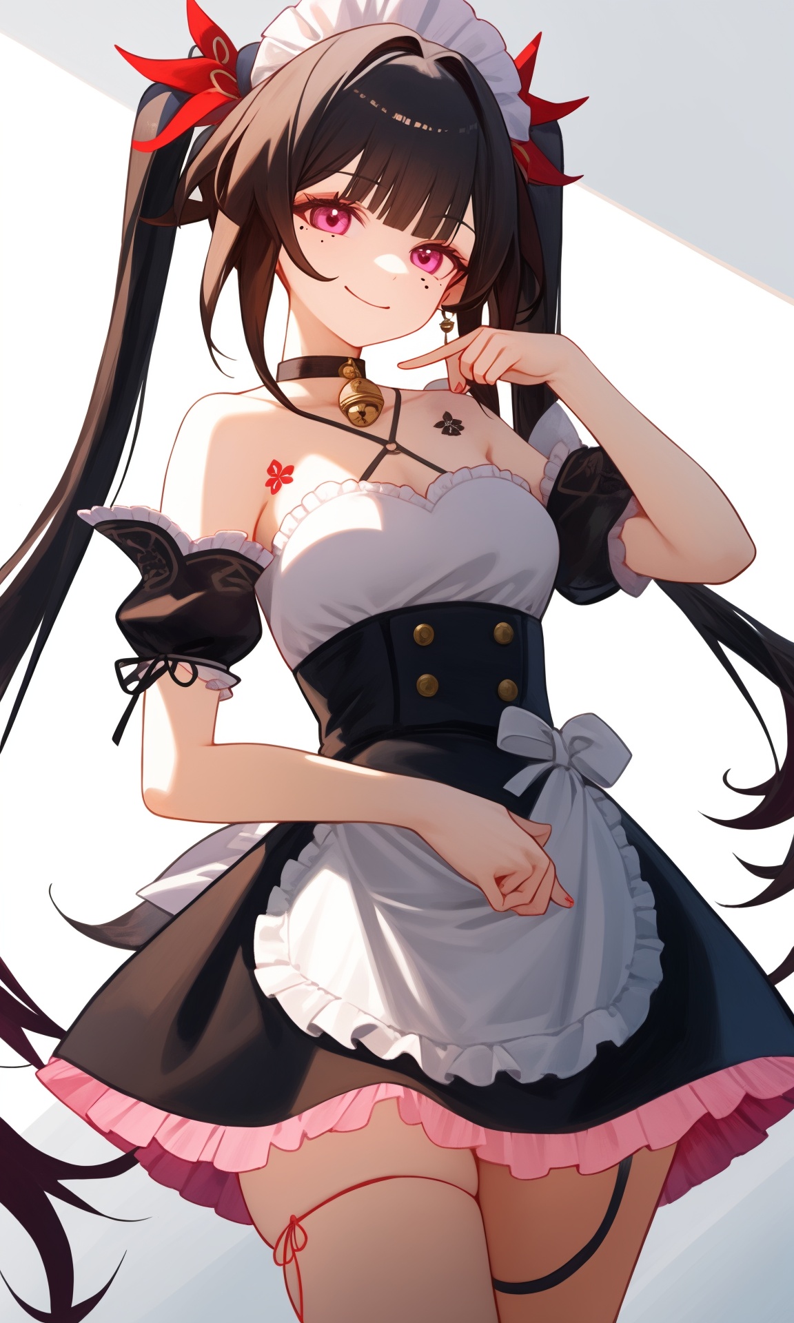 <lora:花火v2:1:lbw=char>,1girl,huahuo,twintails,bare shoulders,jingle bell,choker,tattoo,evil smile,mole under eye,wicked smile,maid,maid headdress,maid apron,sunny day,photography,<lora:nai3画风bysdlion-000035:1:lbw=OUTALL>,thigh strap,, (masterpiece,best quality,high quality:1.2),absurdres,