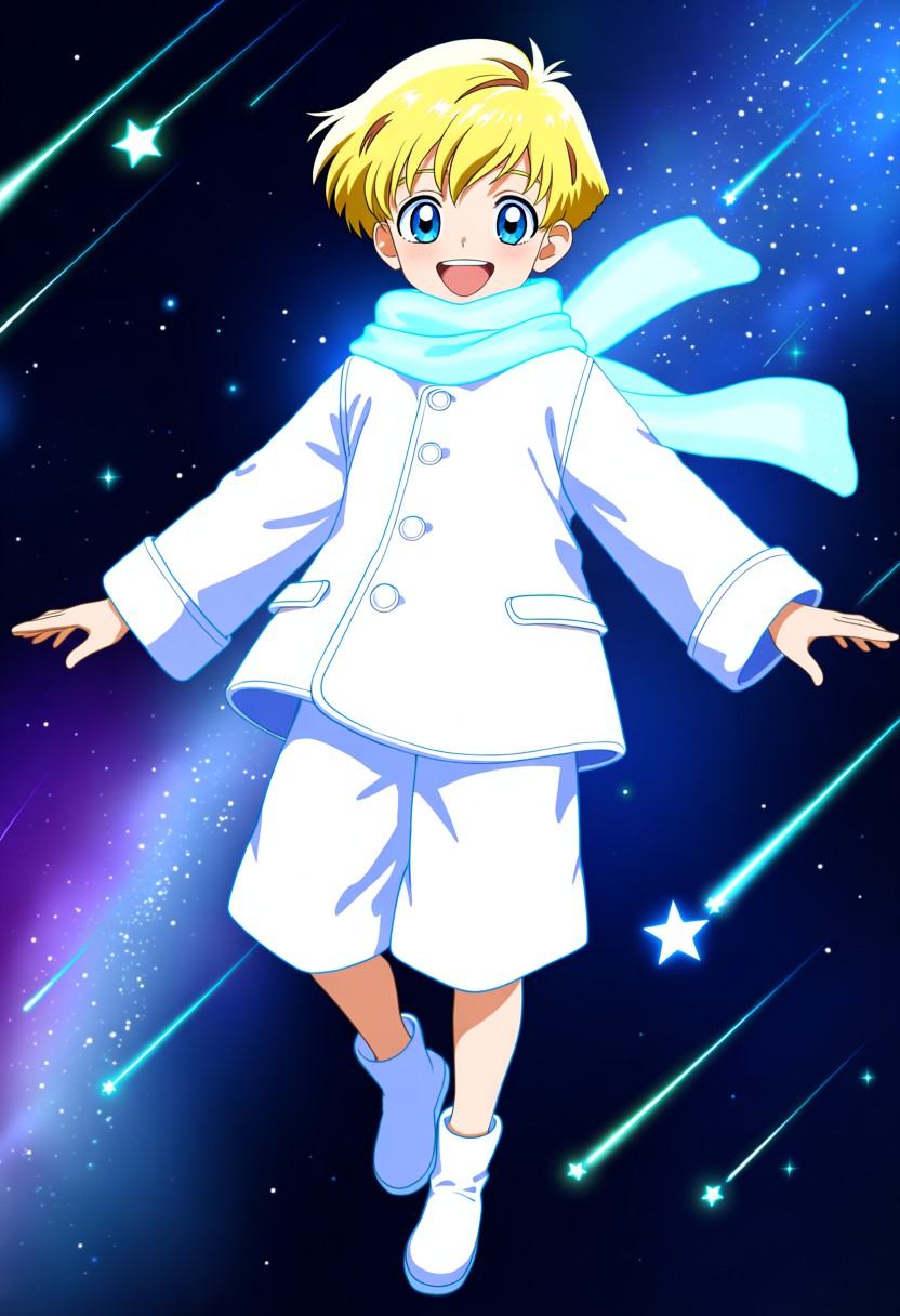 A detailed anime illustration of a young man with short blonde hair,  blue eyes,  and a happy open-mouthed smile. He wears...