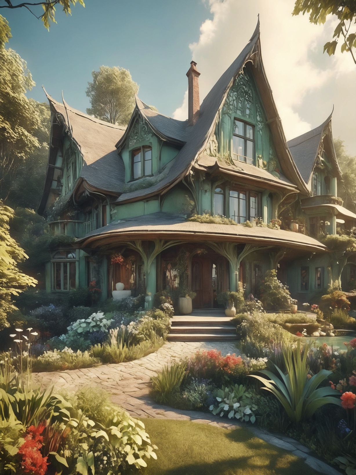 A captivating 3D render of a breathtaking residence,  seamlessly merging Storybook Cottage and Art Nouveau styles. The enc...
