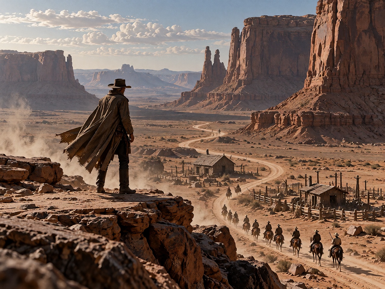An elderly gunslinger standing alone at the edge of a vast desert canyon,  his long dark coat moving in the wind,  a small...