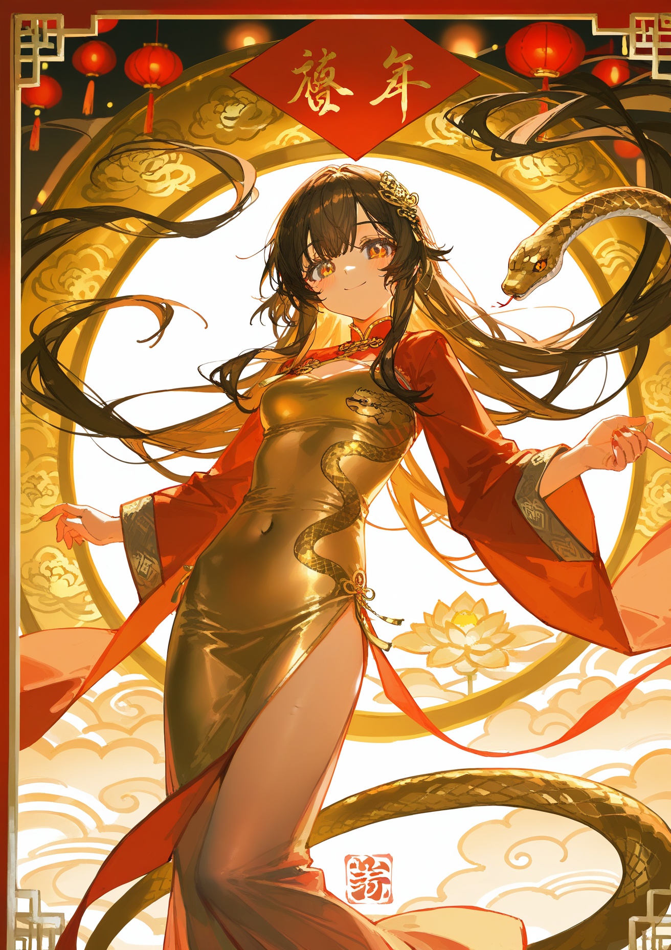 (masterpiece, best quality:1.1),year 2025,newest,highres,absurdres,(illustration:1.2),(chinese new year card:1.3),snake year,(zodiac snake:1.2),1girl,snake girl,elegant,traditional chinese clothes,flowing dress,(red and gold theme:1.2),(intricate details:1.2),(golden snake ornaments:1.1),(auspicious clouds:1.1),lotus,lanterns,(decorative border:1.1),(warm color accents:1.2),(soft lighting:1.1),(dynamic composition:1.1),(beautiful face:1.1),(long flowing hair:1.1),(gentle smile:1.1),(ciloranko:0.7),(wlop:0.6),(fuzichoco:0.5),quasarcake:0.2,