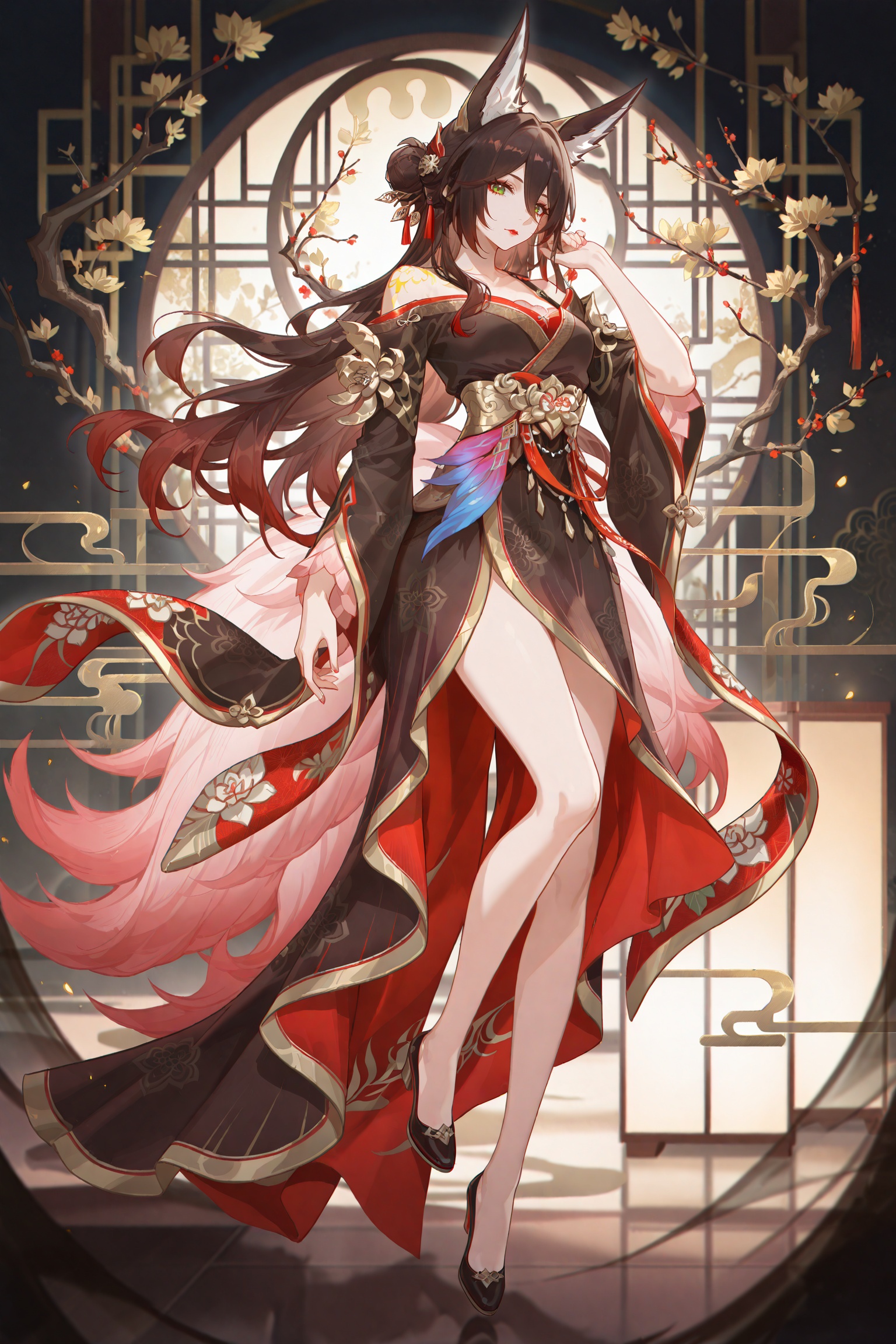 masterpiece,best quality,Good quality,very aesthetic,absurdres,newest,(Perfect details),1girl,solo,long_hair,looking_at_viewer,closed_mouth,full body,hand_up,double_bun,branch,red_lips,<lora:ponyv4_noob1_2_adamW-000017:0.7>,<lora:USNR_STYLE_XL_lokr:0.6>,usnr,<lora:tingyun-noob-Tanger-000014:0.8>,tingyun,fugue,2nd clothes,wanggui black dress,1girl,animal ears,green eyes,long hair,japanese clothes,fox ears,golden tattoo on shoulder,fugue (honkai: star rail),