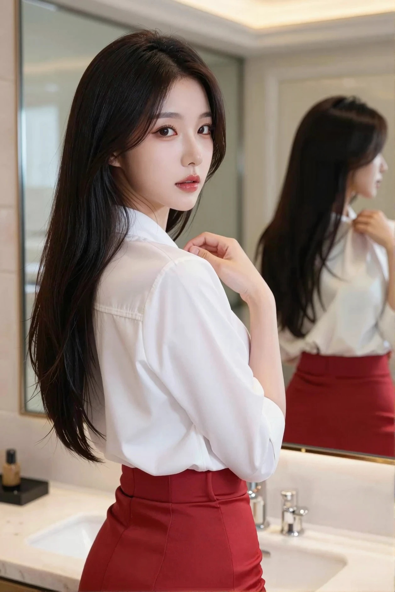 A Korean woman with black eyes and black,  long hair,  adjusting her red skirt and white blouse on Tensor.Art
