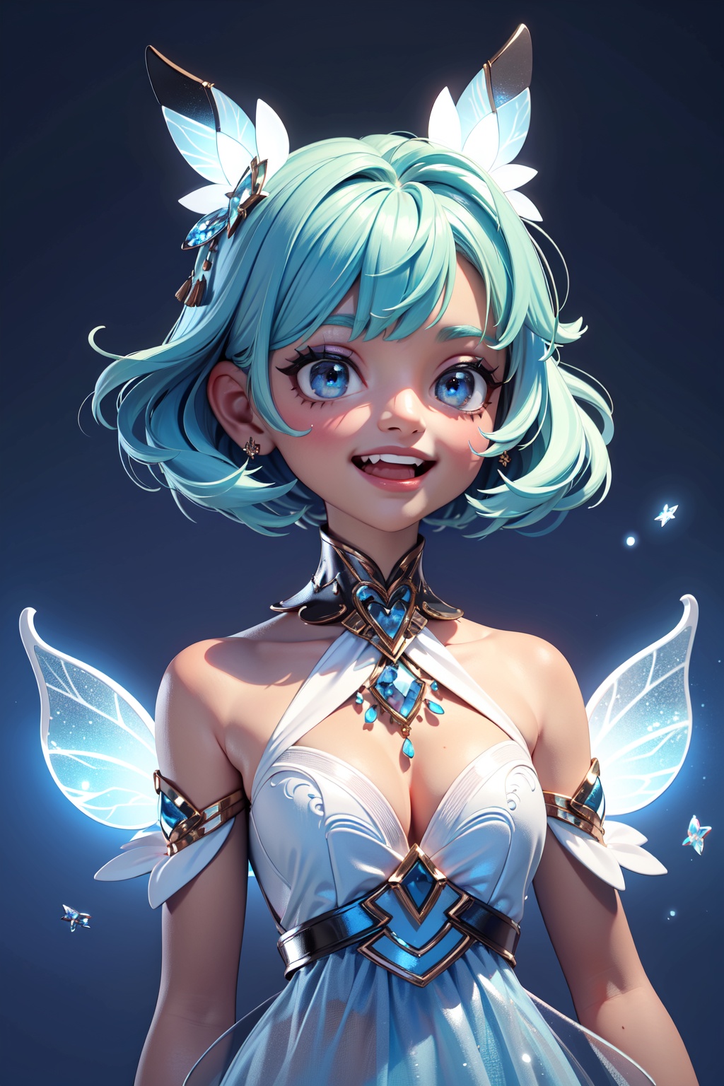 ) ((pure blue background)),  A delicate figure appears ethereal,  with translucent wings and a gown reminiscent of frost....