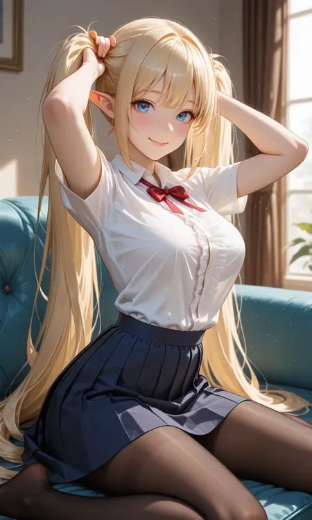 sharp focus, sfw:1.2,(On a Morning, the girl sitting on sofa, gaze at viewer with an Embarrassed happy smile face), wariza,indoors, 1girl, solo,cowboy shot, high angle, from side,(She is wearing an blouse, navy flare skirt, thigh high tights).((Countless light particles floating around)),ultra detailed lips, ultra detailed face and hair, beautiful eyes,kawaii, adorable, cute,,elf girl, (apatite eyes with CGI Effect), (bunching hair, pigtails, very long hair,  deep blonde hair:1.2), hands on own head,medium breasts, wide hip,BREAK, volumetric lighting,, masterpiece, amazing quality, very aesthetic, high resolution, ultra-detailed, absolute, newest,2d, semi-realistic, moe heroine, sharp focus,