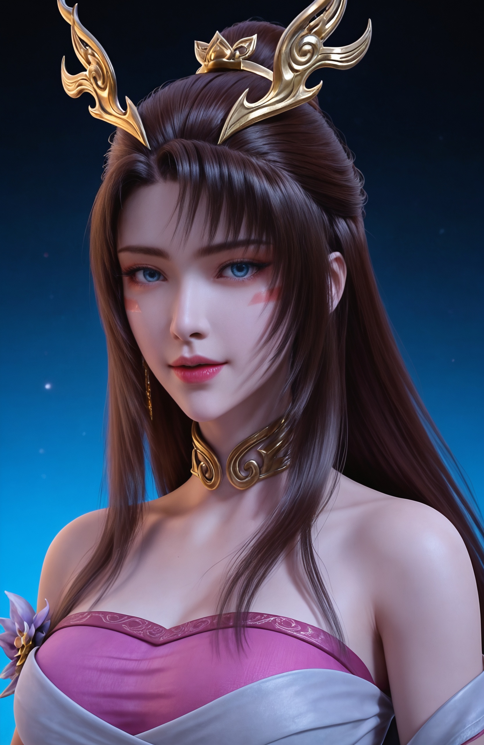 <lora:完美世界-魔女天狐Pony:0.7> 1girl, long hair, hair ornament, brown hair, facial mark, hair bun,blue eyes, pink dress, bracelet, sandals, tail, realistic style photo,outstanding style,adding a touch of dimension to your images without compromising details,whirls of vapor,ethereal ambiance,delicate details,magical atmosphere,concept art,highly detailed,ultra-high resolution,32K UHD,sharp focus,best-quality,masterpiece,golden hour,unconventional supreme masterpiece,masterful details,temperate atmosphere,with a high-end texture,in the style of fashion photography,magazine style,Dynamic Angle,Dynamic posture,(cowboy_shot:1.2),depth of field,lens flare,extreme aesthetic,masterpiece,best quality,good quality,newest,year 2025,very aesthetic,absurdres,Visual impact,A shot with tension,ultra-high resolution,32K UHD,sharp focus,best-quality,masterpiece,Emotionalization,unconventional supreme masterpiece,masterful details,temperate atmosphere,with a high-end texture,in the style of fashion photography,(Visual impact:1.2),giving the poster a dynamic and visually striking appearance,, solo,upper body,looking at viewer,gradient background,gradient,blue background,black background,