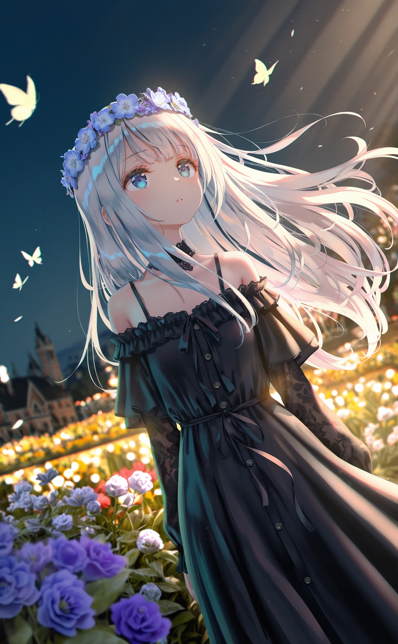 masterpiece,very aware,highres,absurdres,newest,best quality,loli,petite,high quality,chromatic_aberration,cinematic_angle,dutch angle,//,artist:torino aqua,artist:rhasta,artist:wlop,artist:ke-ta,artist:hiten \(hitenkei\),//,loli,night,gothic,long dress,1 girl,solo,long white hair,blue eyes,detailed eyes,blink and youll miss it detail,butterfly,flower garden,high quality,floral background,very detailed,off shoulder,//,official art,depth of field,detailed light,blurry background,cinematic lighting,ray tracing,ultra detailed,god rays,backlighting,photo background,film grain,chromatic aberration,volumetric lighting,depth of field,blurry background,shiny skin,floating hair,cinematic lighting,day,very aesthetic,cowboy shot,look up,head wreath,