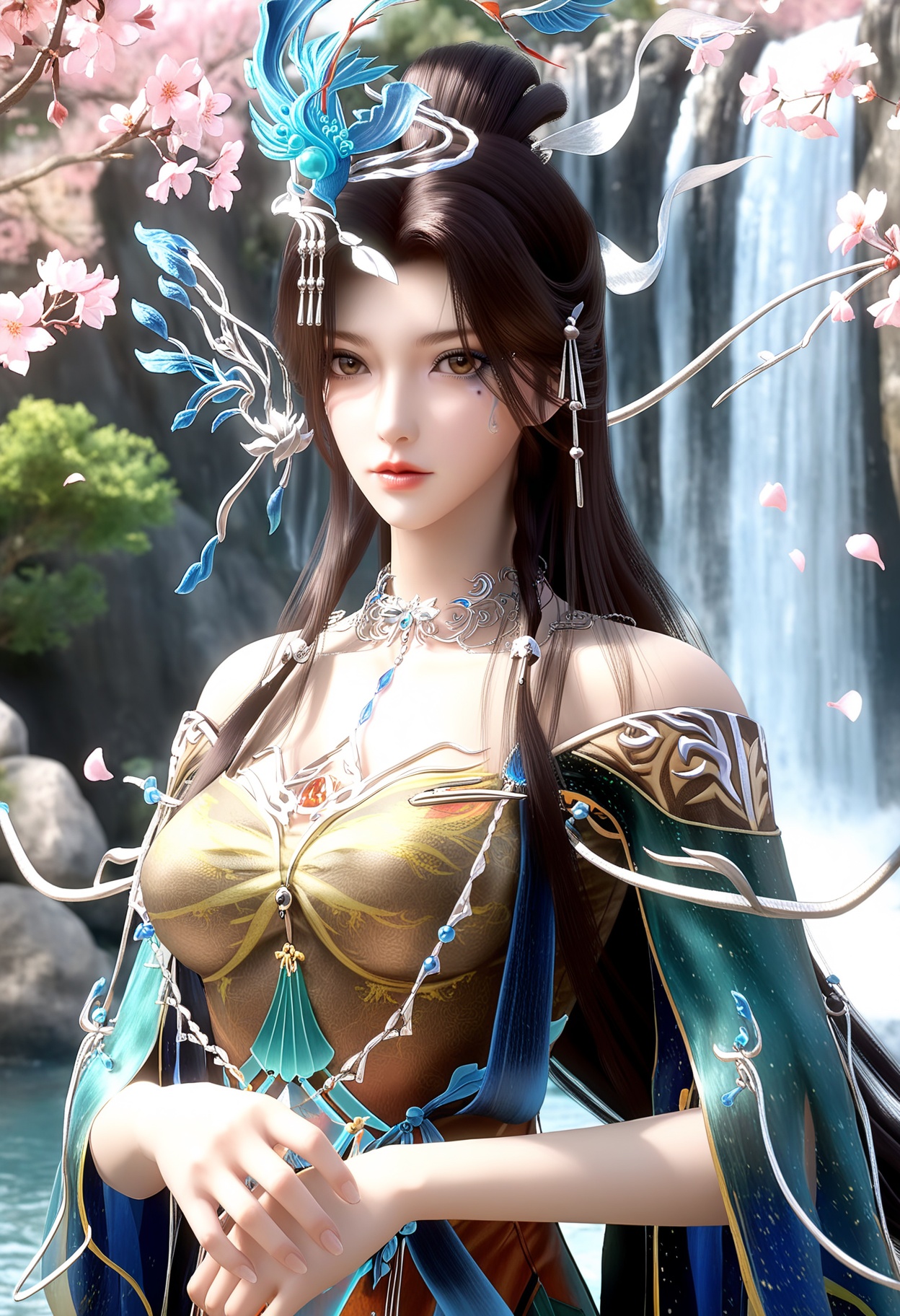 masterpiece,best quality,amazing quality,high resolution,ultra-detailed,absurdres,(looking at viewer:1.1),(upper body:1.1),(moody lighting:1.1),waterfall,peach blossom,falling petals BREAK large breasts,yunwangshu,1girl,solo,long hair,jewelry,hair ornament,black hair,dress,necklace,brown hair,facial mark,brown eyes,hair bun,chinese clothes,mole under eye BREAK photorealistic details,<lora:QQSillyunwangshuV1:0.8>,