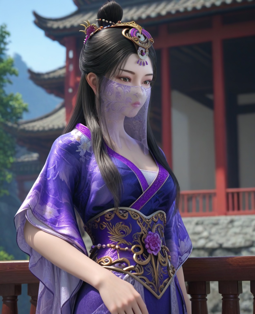 (oriental architecture, elegant decor, sophisticated style:1.1),(Leaning against a fence or railing:1.1),(breasts:1.2),<lora:XL16墓王之王圣女神差沐雪离:0.95>,miss muxueli,blue violet dress,mouth veil,brown eyes,black hair,long hair,single hair bun,hair ornament,hanging hair,floral print,sash,, score_9,score_8_up,score_7_up,score_6_up,score_5_up,score_4_up,3d rendering,tag1,tag2, Cinematic Lighting,backlighting,