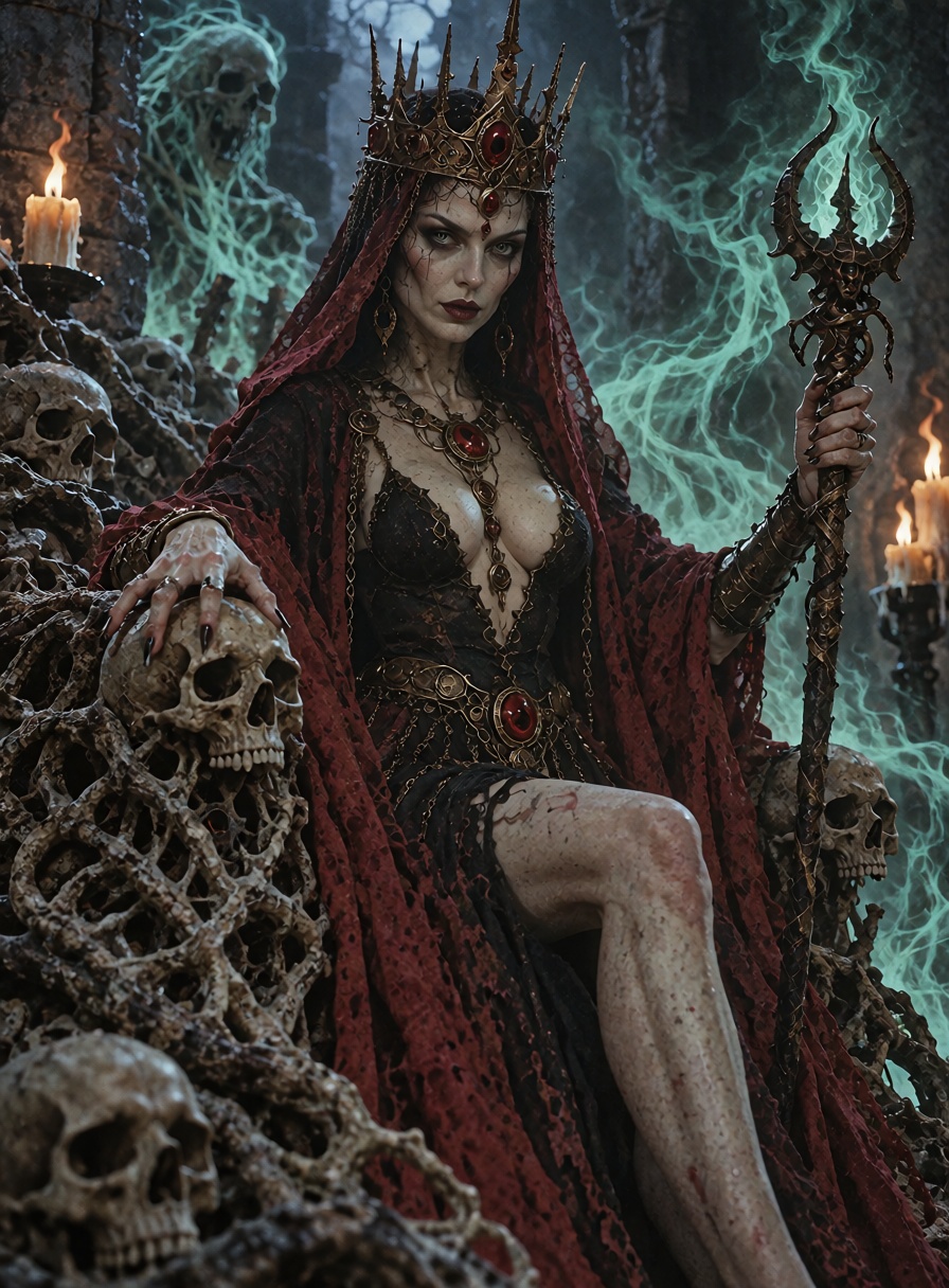 A dark fantasy necromancer queen seated on a throne of skulls and twisted roots,  wearing an elaborate black crown and a f...