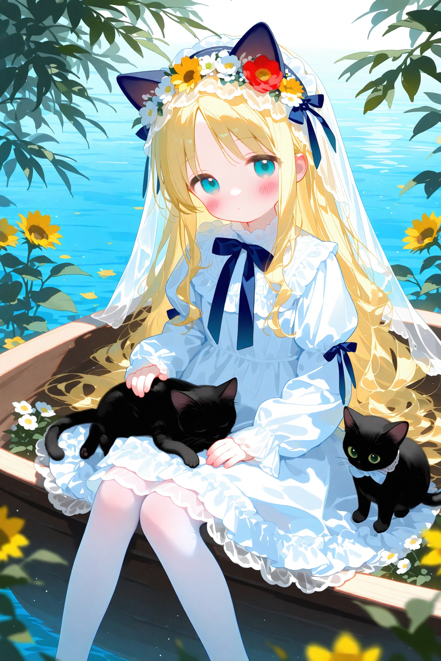 masterpiece,very aware,highres,absurdres,newest,best quality,loli,petite,high quality,chromatic_aberration,cinematic_angle,dutch angle,//,1girl,cat,dress,flower,long hair,white dress,blonde hair,solo,animal on lap,looking at viewer,on lap,bow,sitting,animal ears,veil,animal,long sleeves,blue bow,water,blue eyes,frills,blurry foreground,sunflower,closed mouth,blush,hair flower,yellow flower,outdoors,white flower,bowtie,barefoot,very long hair,puffy sleeves,cat ears,boat,parted bangs,wavy hair,blue bowtie,hair ornament,blurry,blue ribbon,ribbon,watercraft,day,feet out of frame,frilled dress,lolita fashion,expressionless,green eyes,sleeves past wrists,hair bow,depth of field,black cat,bonnet,orb,head wreath,puffy long sleeves,red flower,white thighhighs,aqua eyes,lace trim,leaf,see-through,hair between eyes,white pantyhose,white headwear,thighhighs,long dress,white bow,fake animal ears,juliet sleeves,lace,breasts,lace-trimmed dress,sunlight,pantyhose,dot mouth,flower wreath,holding cat,petting,
