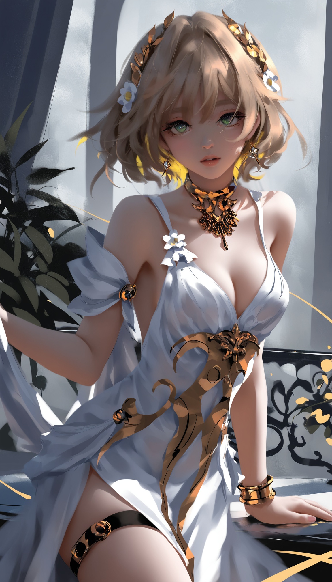 <lora:阿格莱雅noob:1>,aglaea,a girl named aglaea,1girl,white dress,cleavage,bare shoulders,parted lips,looking at viewer,bracelet,laurel crown,flower,gold choker,sleeveless dress,detached sleeves,thigh strap,collarbone,year 2024,(sheya:0.2),(ooo_wange:1),(wlop:0.99),rurudo,(fuzichoco:0.0),, very awa,very as2, best quality, masterpiece, best quality, absurdres, highres,newest