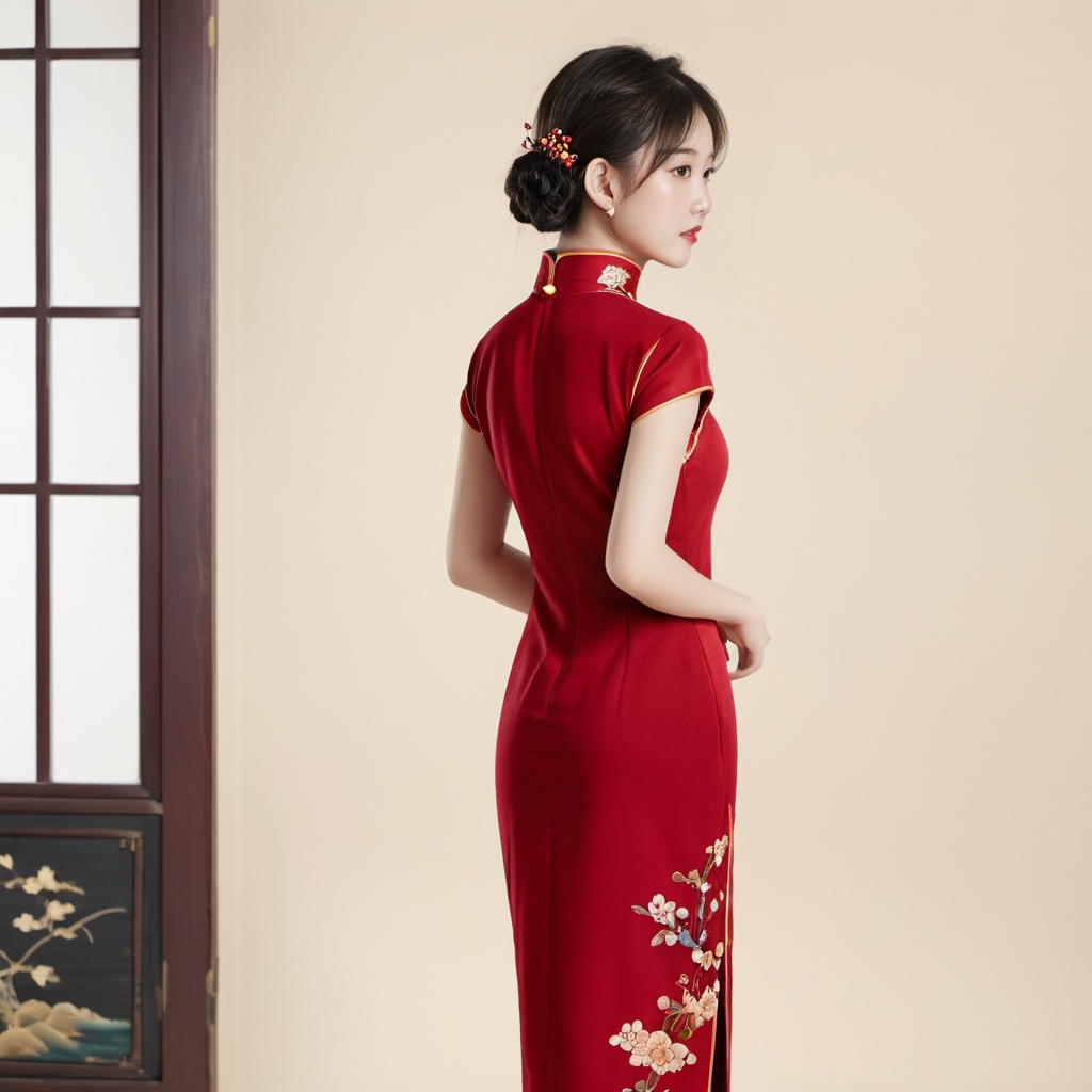 (Solo),from behind, full body, a 20-year-old beautiful idol girl wearing cheongsam, simple background, indoor, standing,