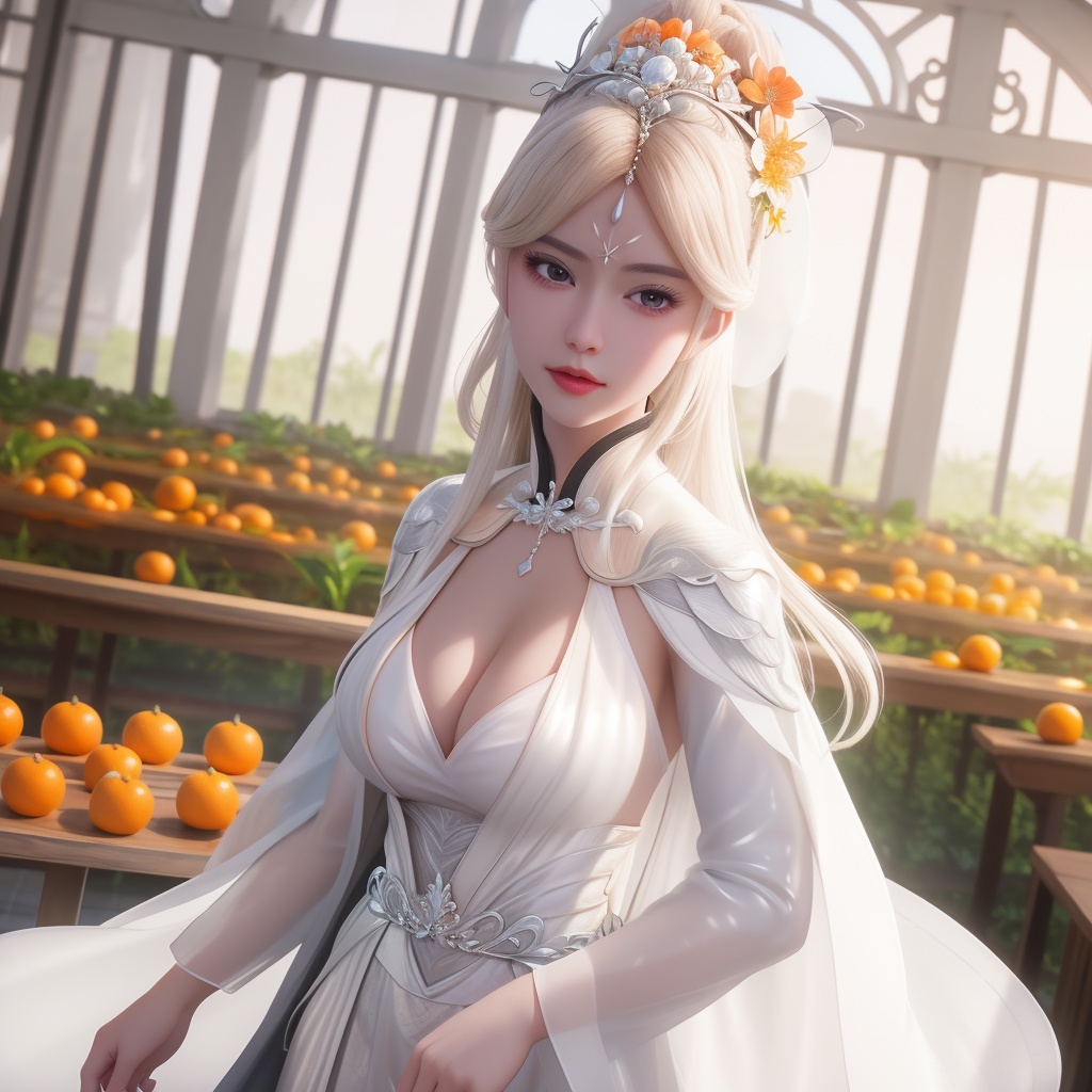 <lora:741-DA-万界独尊-杨天雪:0.8>, (,1girl, ,best quality, ),looking at viewer,  ,ultra detailed background,ultra detailed background,ultra realistic 8k cg,, ,masterpiece, (( , )),, ,      ,  orange blossoms,  (cleavage), (), ,,