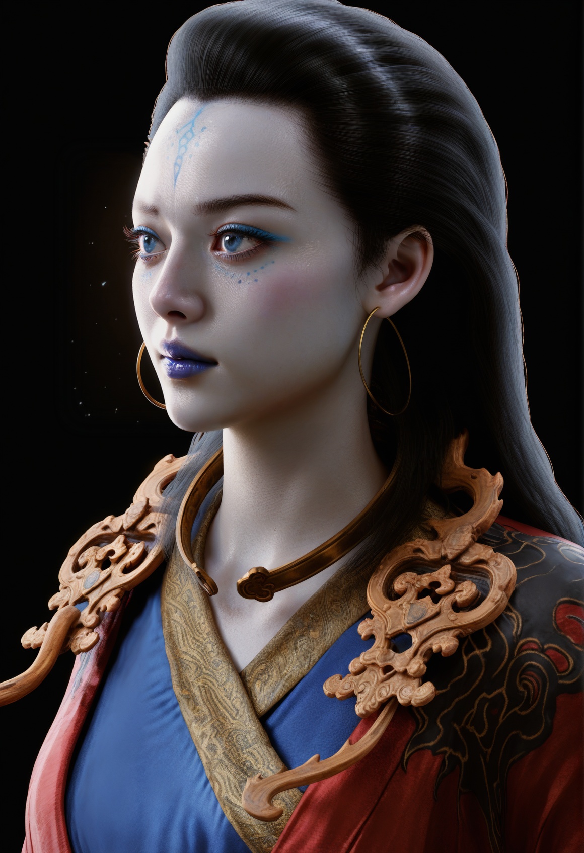 (score_9),((upper body)),<lora:亢金龙-Apony:0.85>,kangrixingjun,solo,black hair,long hair,hoop earrings,makeup,forehead mark,blue lips,blue eyeshadow,branch,open choker,chinese clothes,red robe,1girl,collarbone,(front view),eye-contact,<lora:a修手:0.35>,light rays,light particles,softened light,simple background,night,starry sky,stars,the milky way,OverallDetail,(Ivory_skin),((colored skin)),deep_skin,<lora:perfect-eyes:0.8>,<lora:Expressive_H:0.8>,<lora:SkinRealityOrg_ponyv6_loraplus:0.25>,real skin,realistic,<lora:detailed_notrigger:1>,<lora:皮肤凹痕:1.5>,